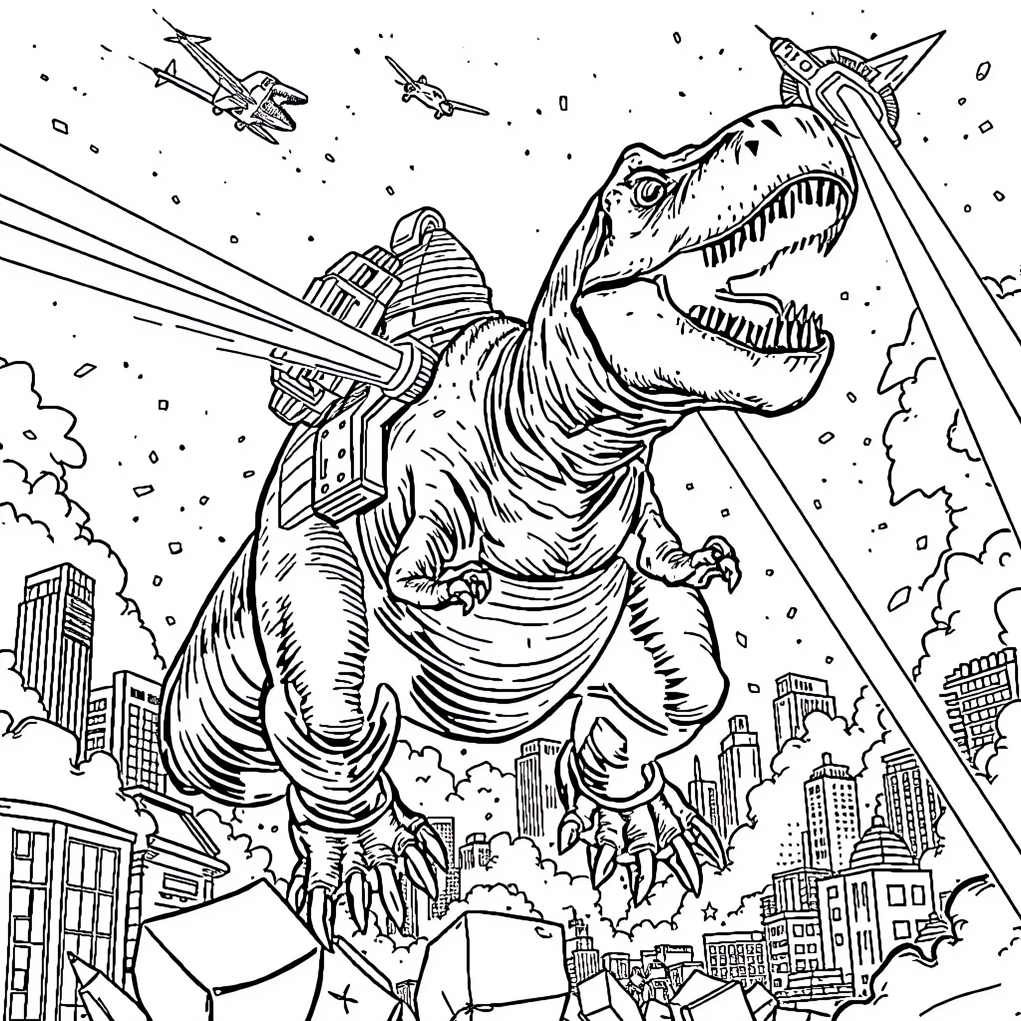 T-Rex unleashing destruction in the city Coloring Page (free black-and-white line drawing printable PDF for all, from beginners to advanced learners, including children, teens, adults, and seniors)