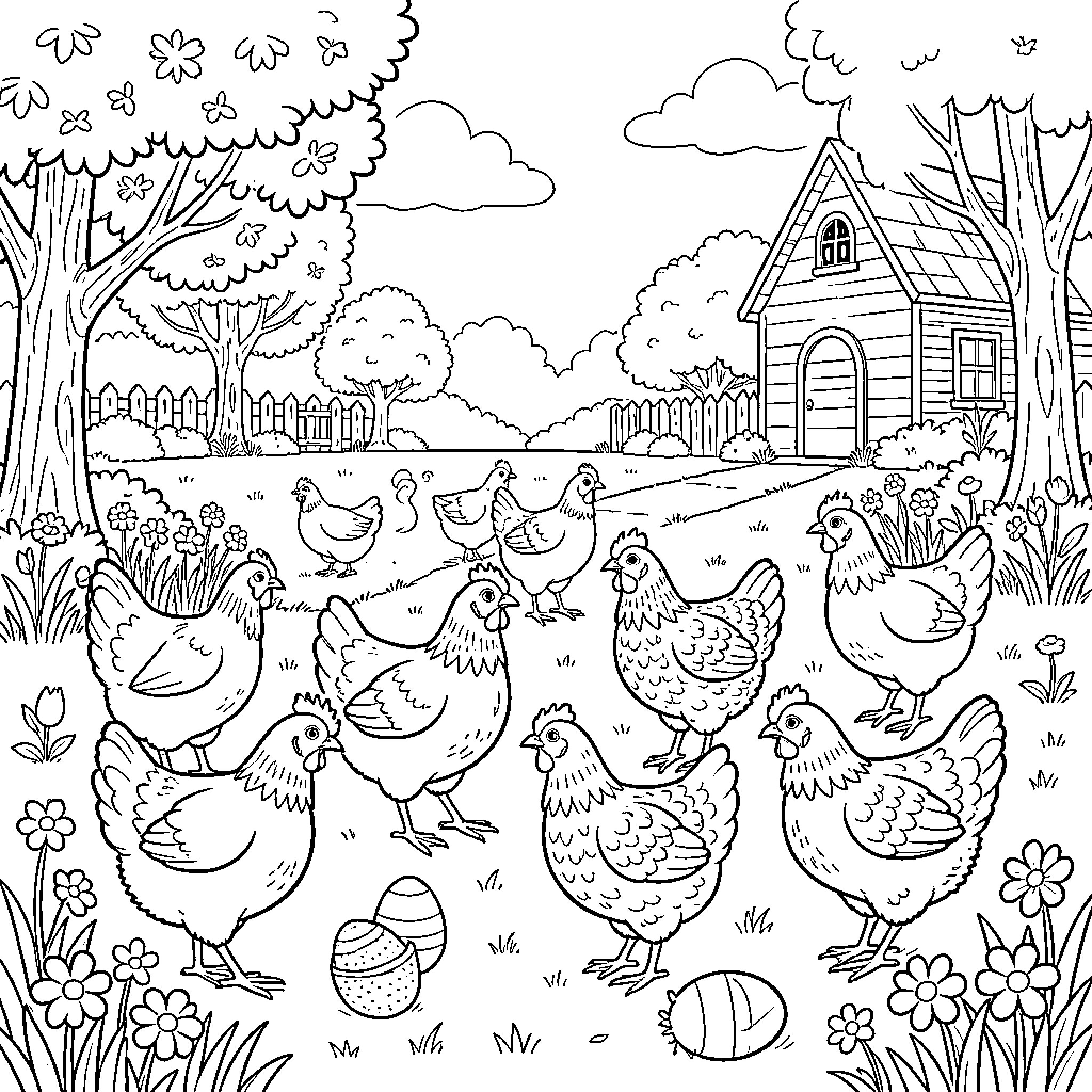 Chicken Farm with Cozy Cottage and Blooming Flowers Coloring Page (free black-and-white line drawing printable PDF for all, from beginners to advanced learners, including children, teens, adults, and seniors)