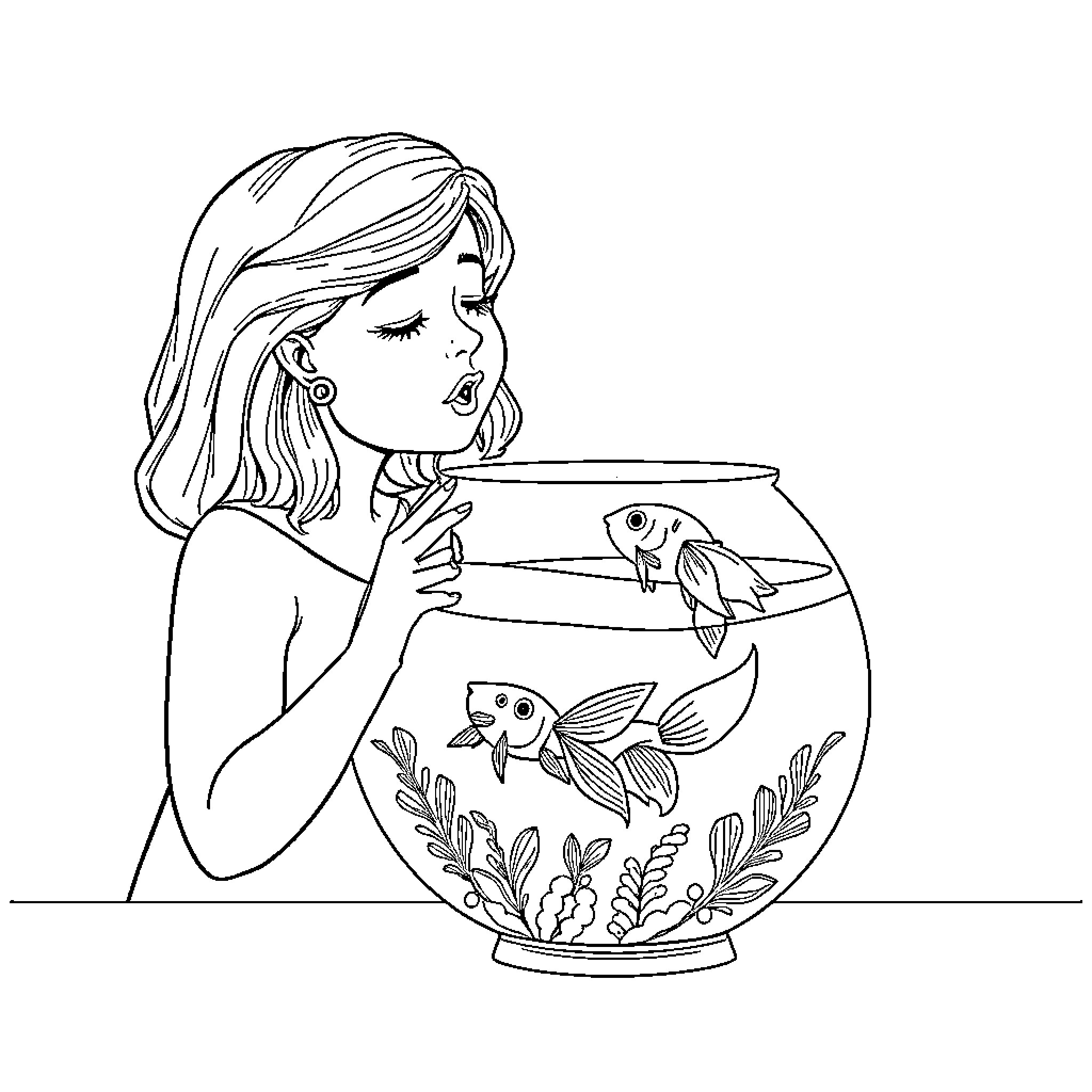 Adele gazes at fish in aquarium with wonder Coloring Page (free black-and-white line drawing printable PDF for all, from beginners to advanced learners, including children, teens, adults, and seniors)