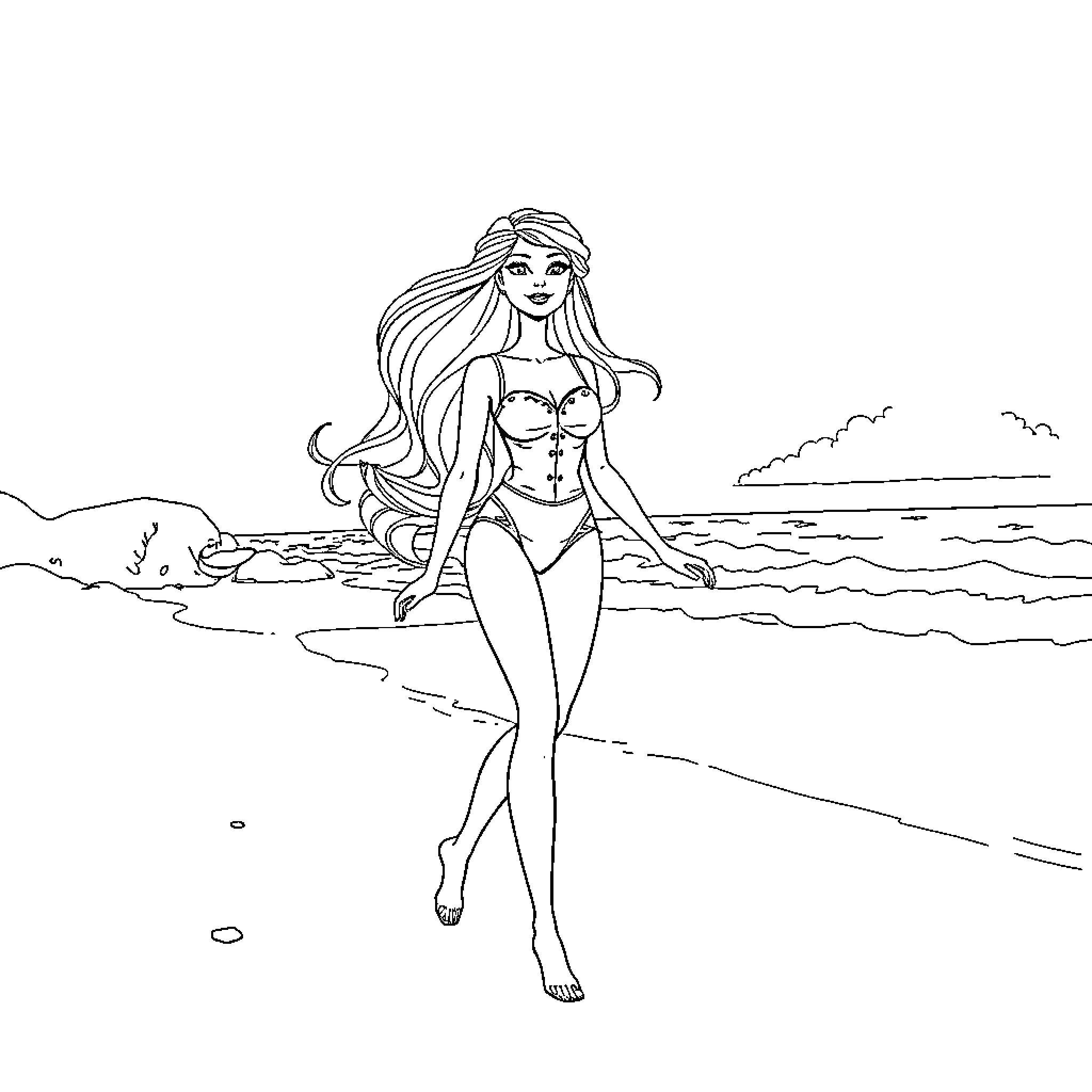 Barbie relaxing on the beach Coloring Page (free black-and-white line drawing printable PDF for all, from beginners to advanced learners, including children, teens, adults, and seniors)