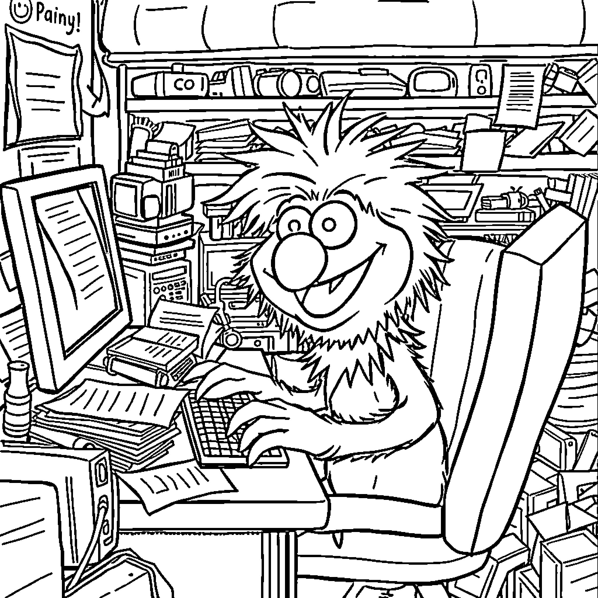 Muppet's Messy Workspace Adventure Coloring Page (free black-and-white line drawing printable PDF for all, from beginners to advanced learners, including children, teens, adults, and seniors)