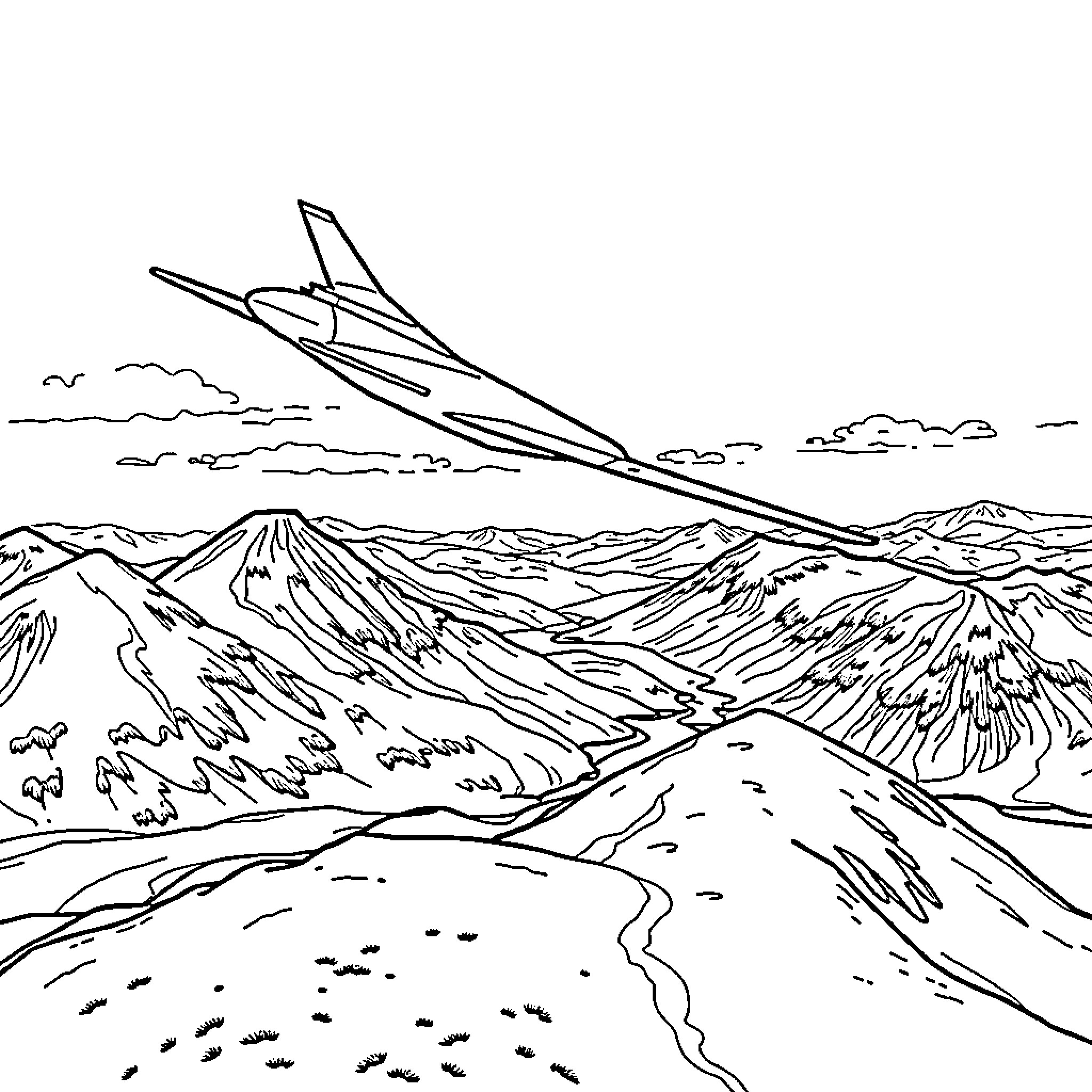 Jet soaring over rugged mountain landscape Coloring Page (free black-and-white line drawing printable PDF for all, from beginners to advanced learners, including children, teens, adults, and seniors)