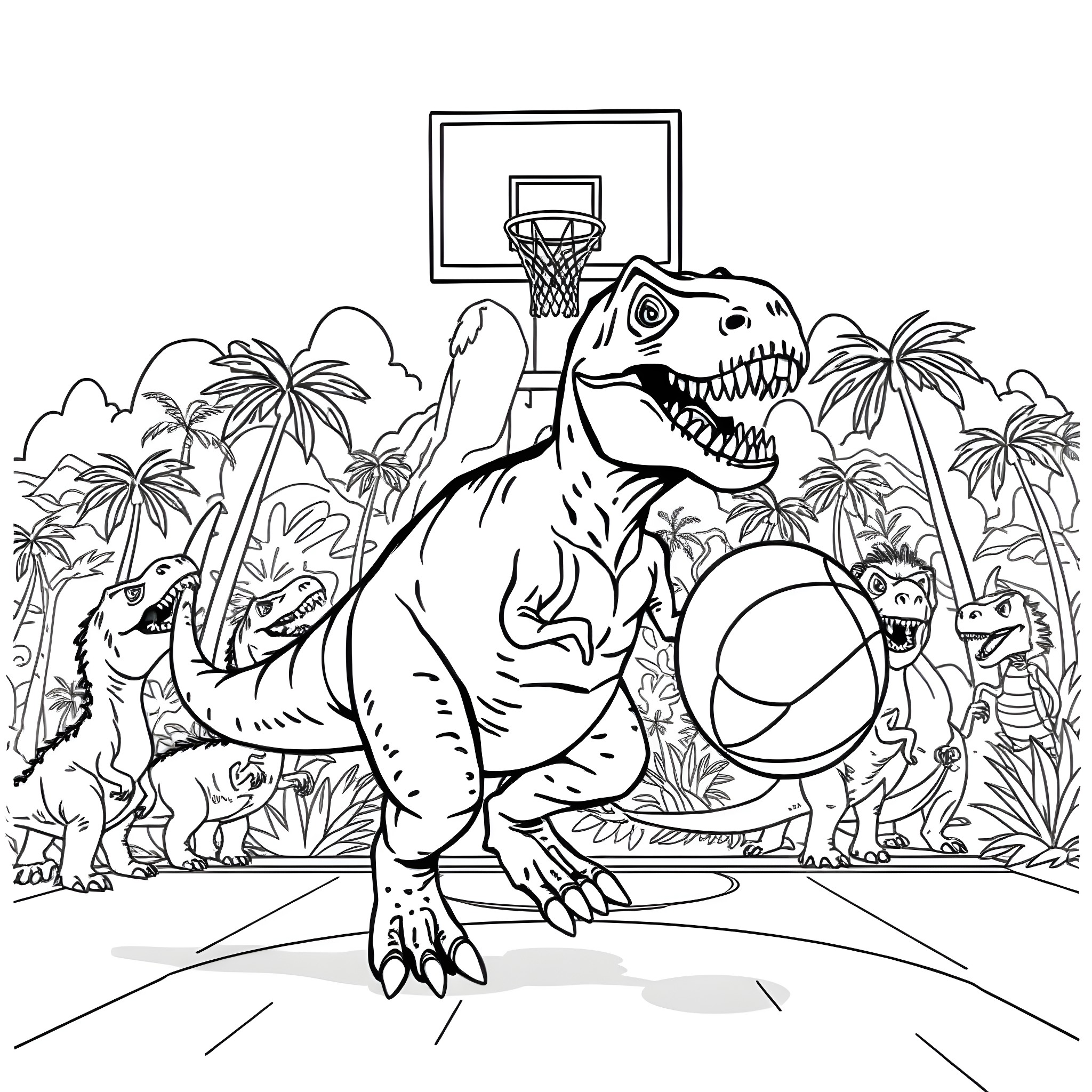 T-Rex Basketball Game in Jurassic Park Coloring Page (free black-and-white line drawing printable PDF for all, from beginners to advanced learners, including children, teens, adults, and seniors)