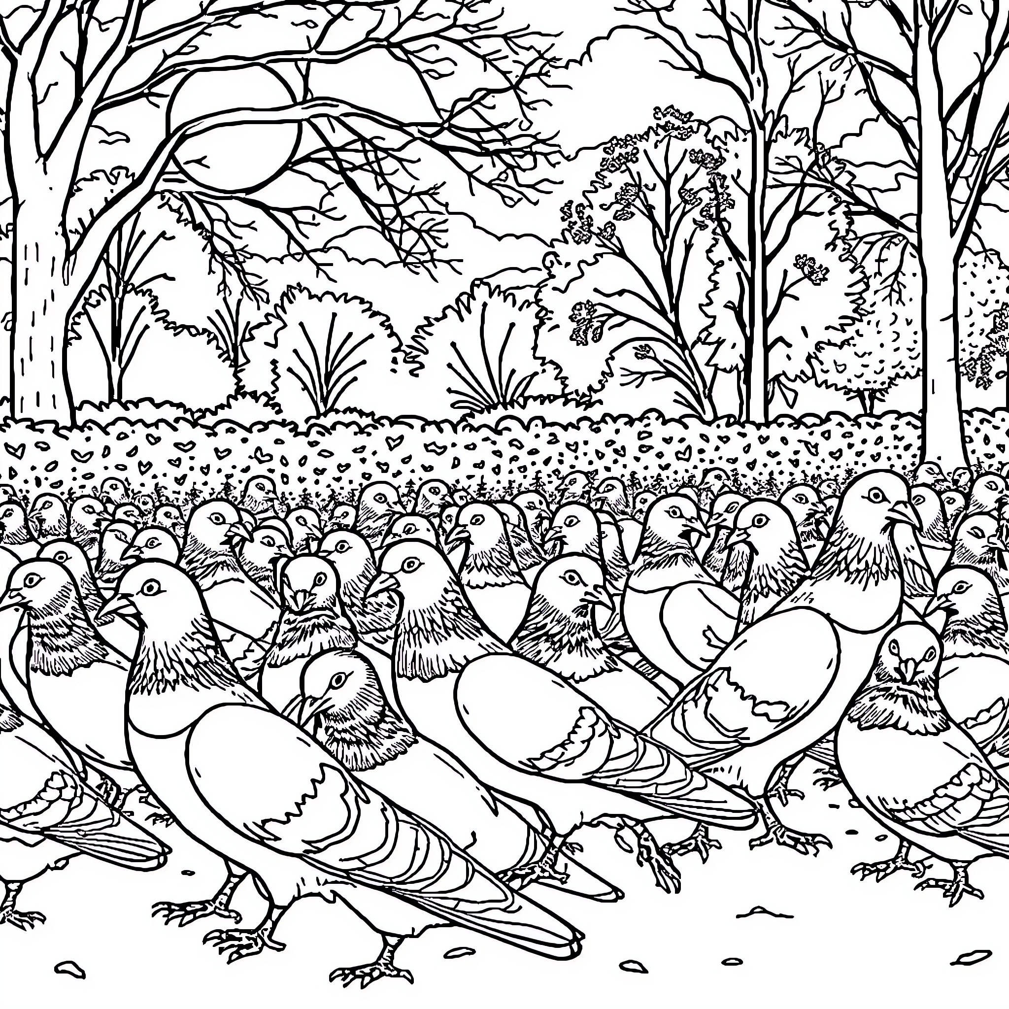 Pigeon gathering in the woodland Coloring Page (free black-and-white line drawing printable PDF for all, from beginners to advanced learners, including children, teens, adults, and seniors)
