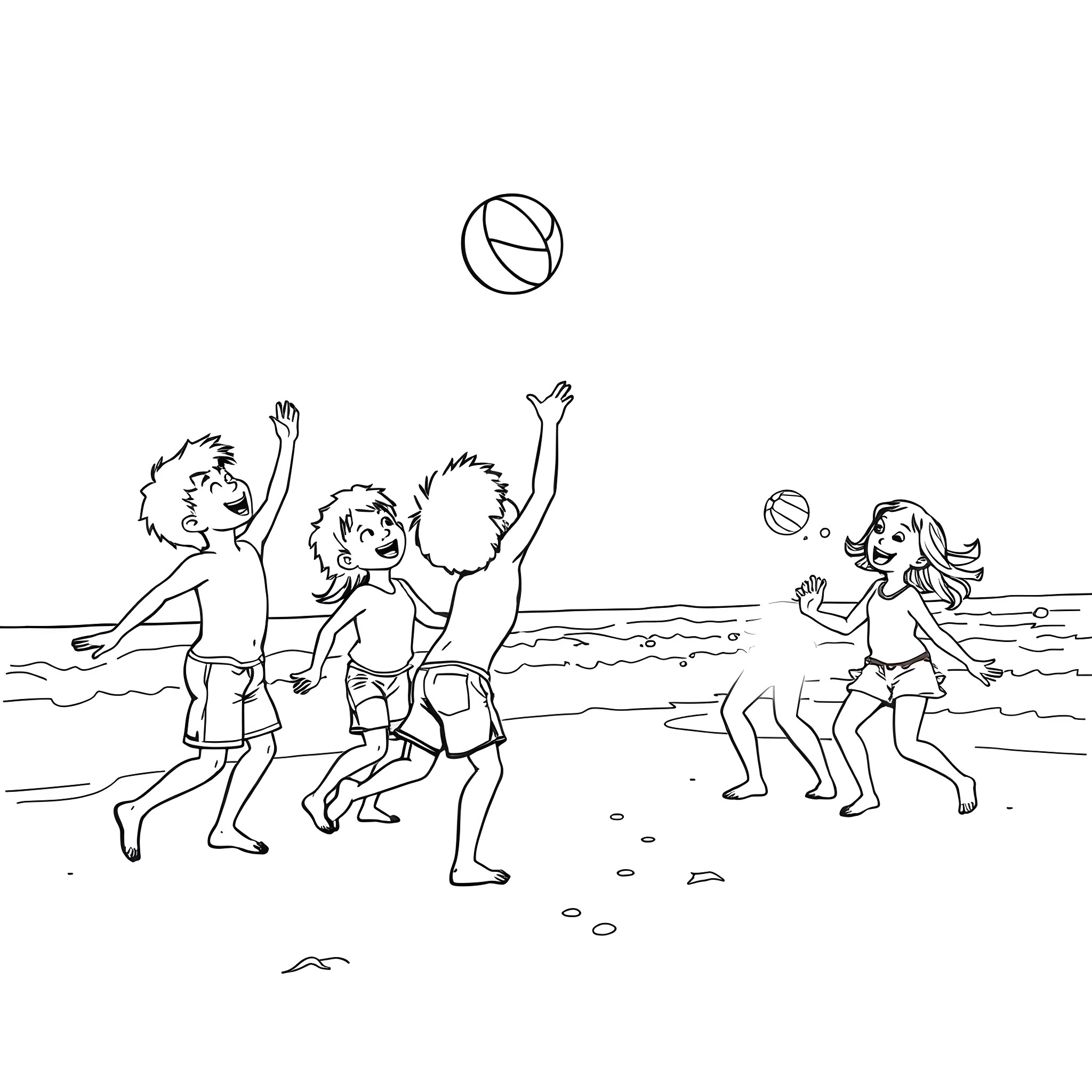 Friends playing with ball on the beach Coloring Page (free black-and-white line drawing printable PDF for all, from beginners to advanced learners, including children, teens, adults, and seniors)