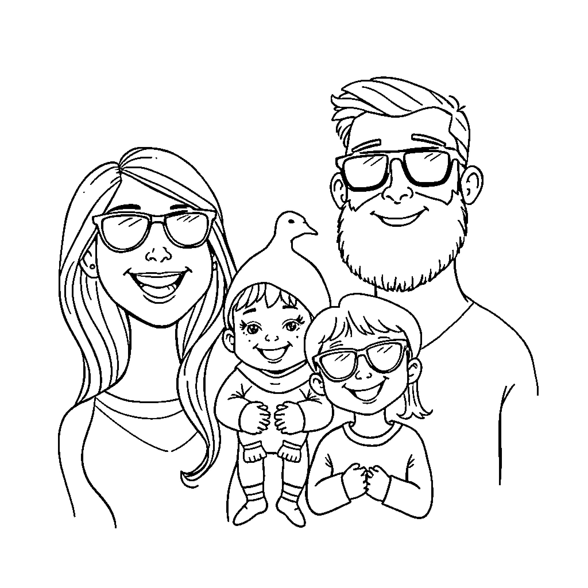 Family enjoying a happy moment together Coloring Page (free black-and-white line drawing printable PDF for all, from beginners to advanced learners, including children, teens, adults, and seniors)