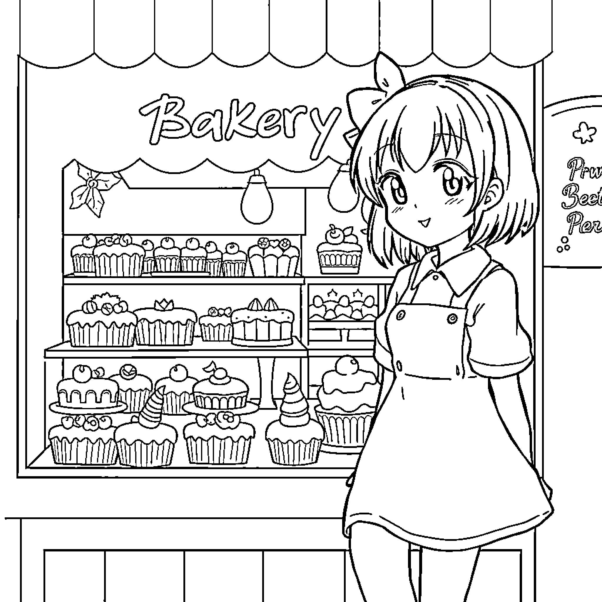 Kuromi working happily at the bakery Coloring Page (free black-and-white line drawing printable PDF for all, from beginners to advanced learners, including children, teens, adults, and seniors)