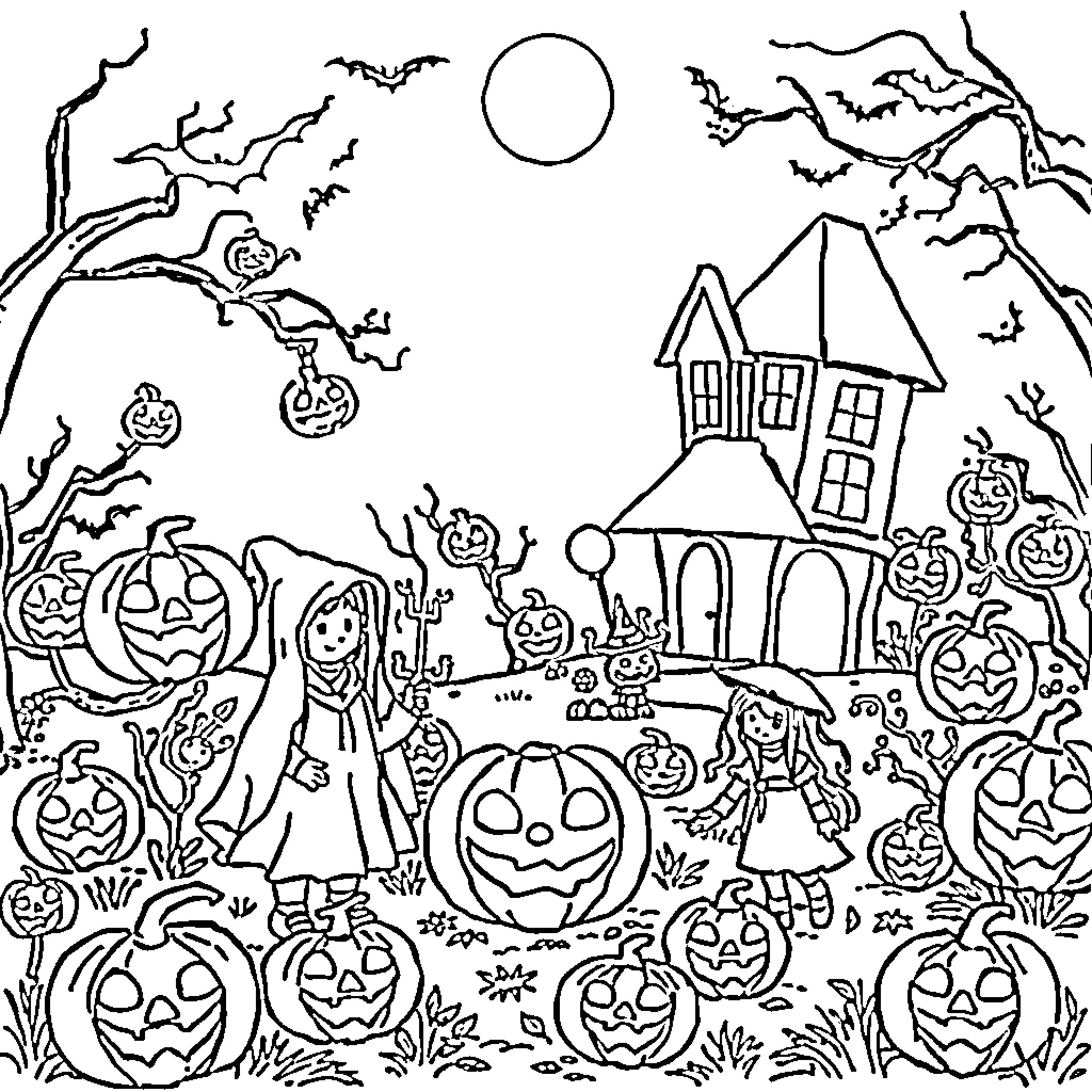 Halloween night with spooky pumpkins and haunted house Coloring Page (free black-and-white line drawing printable PDF for all, from beginners to advanced learners, including children, teens, adults, and seniors)