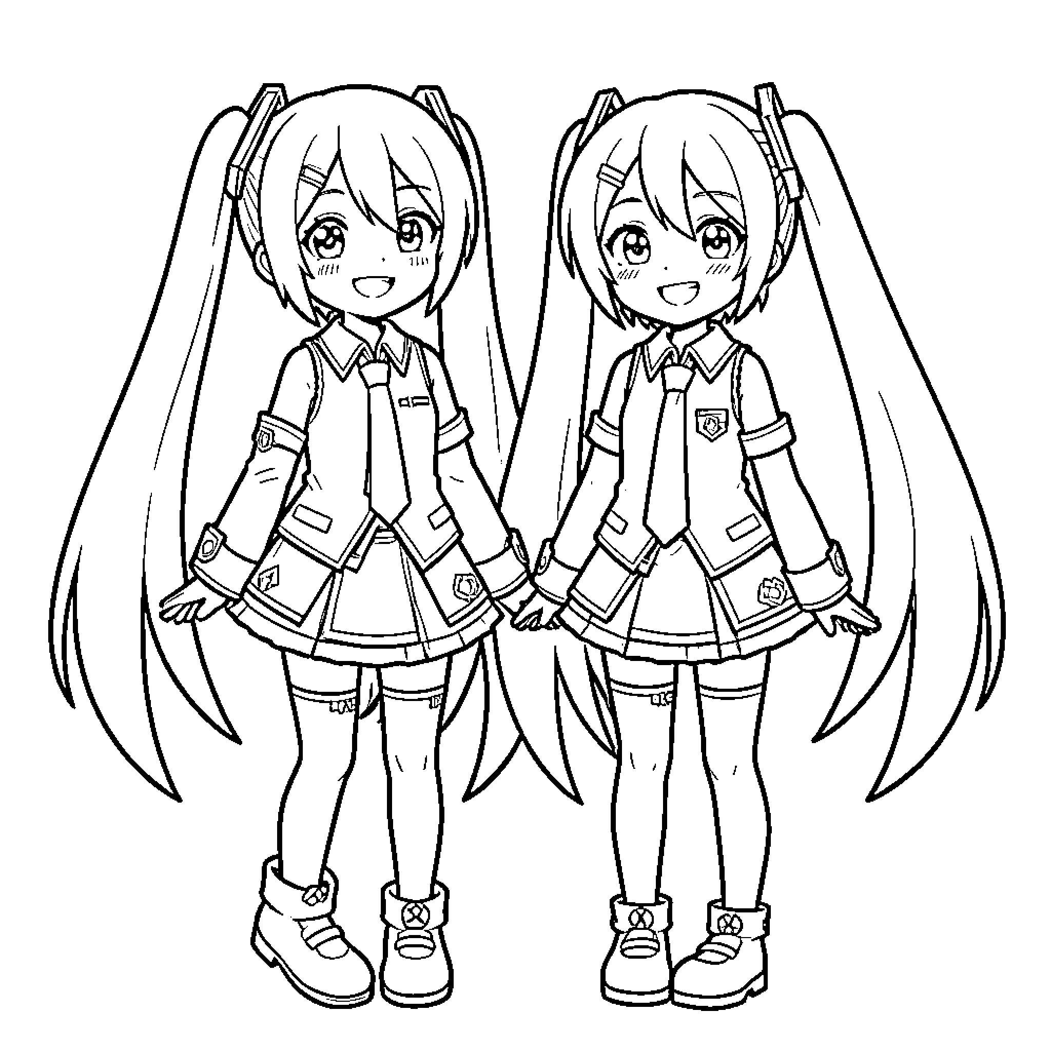 Kasane Teto in school uniform and smiling expressions Coloring Page (free black-and-white line drawing printable PDF for all, from beginners to advanced learners, including children, teens, adults, and seniors)