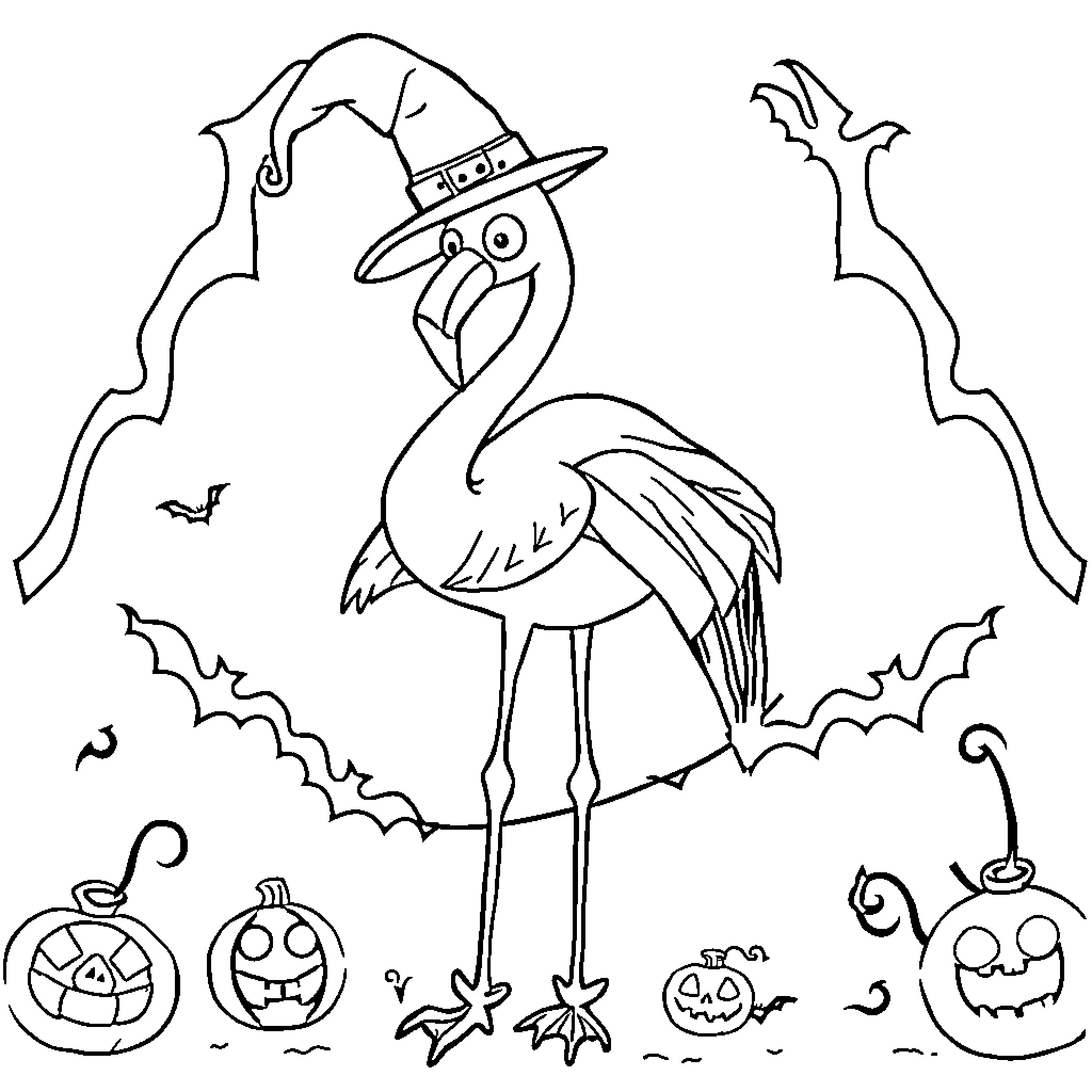 Flamingo in Spooky Halloween Scene Coloring Page (free black-and-white line drawing printable PDF for all, from beginners to advanced learners, including children, teens, adults, and seniors)