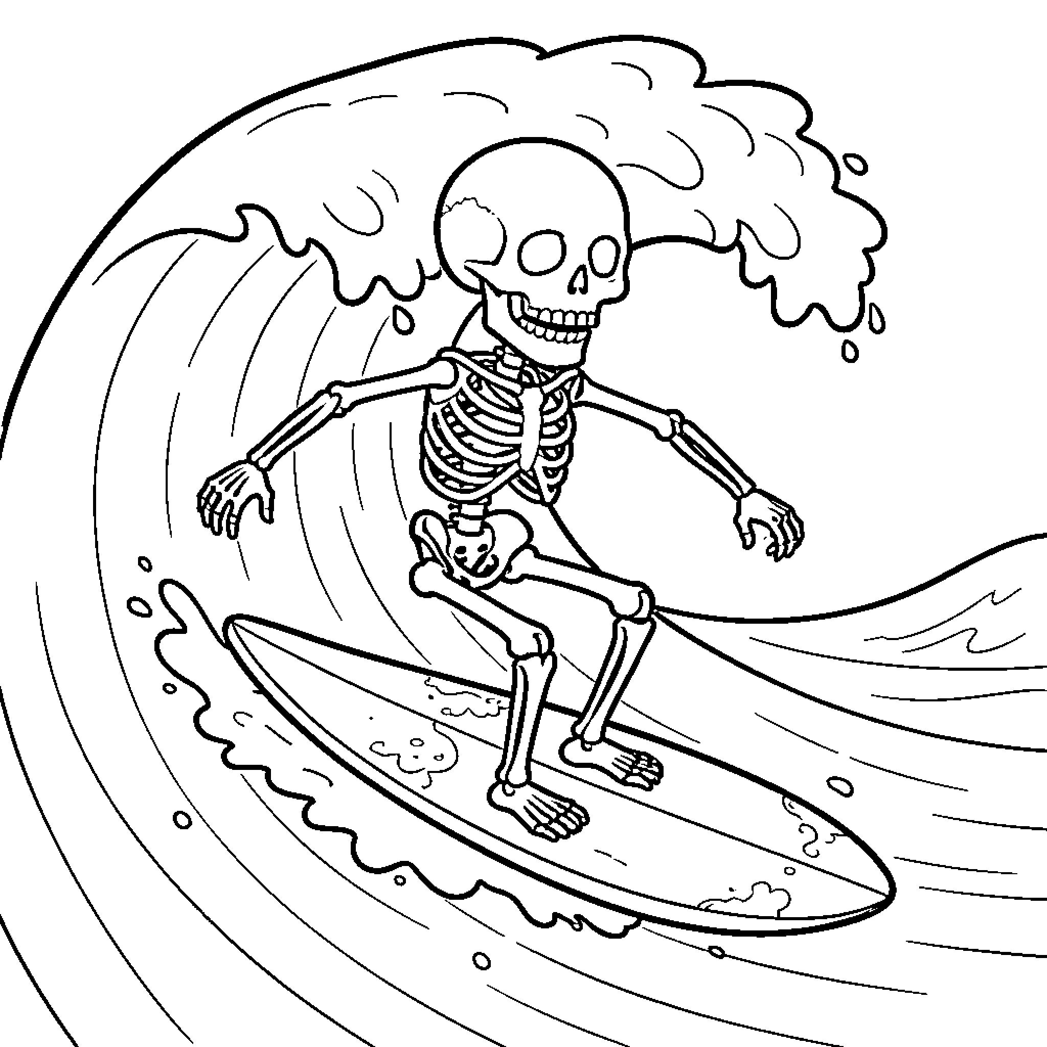 Skeleton surfs gnarly wave Coloring Page (free black-and-white line drawing printable PDF for all, from beginners to advanced learners, including children, teens, adults, and seniors)