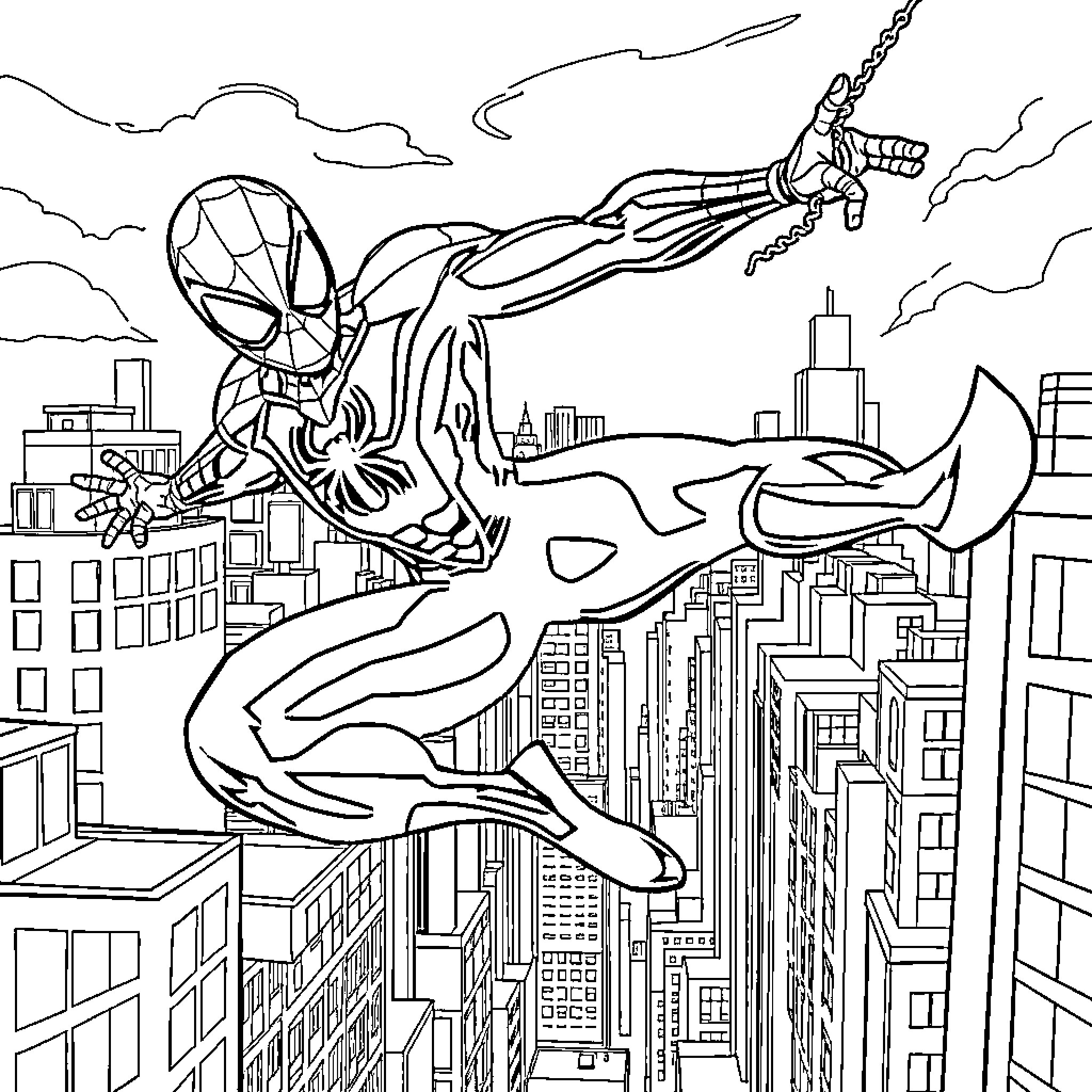 Spider-Man swinging through the city skyline Coloring Page (free black-and-white line drawing printable PDF for all, from beginners to advanced learners, including children, teens, adults, and seniors)