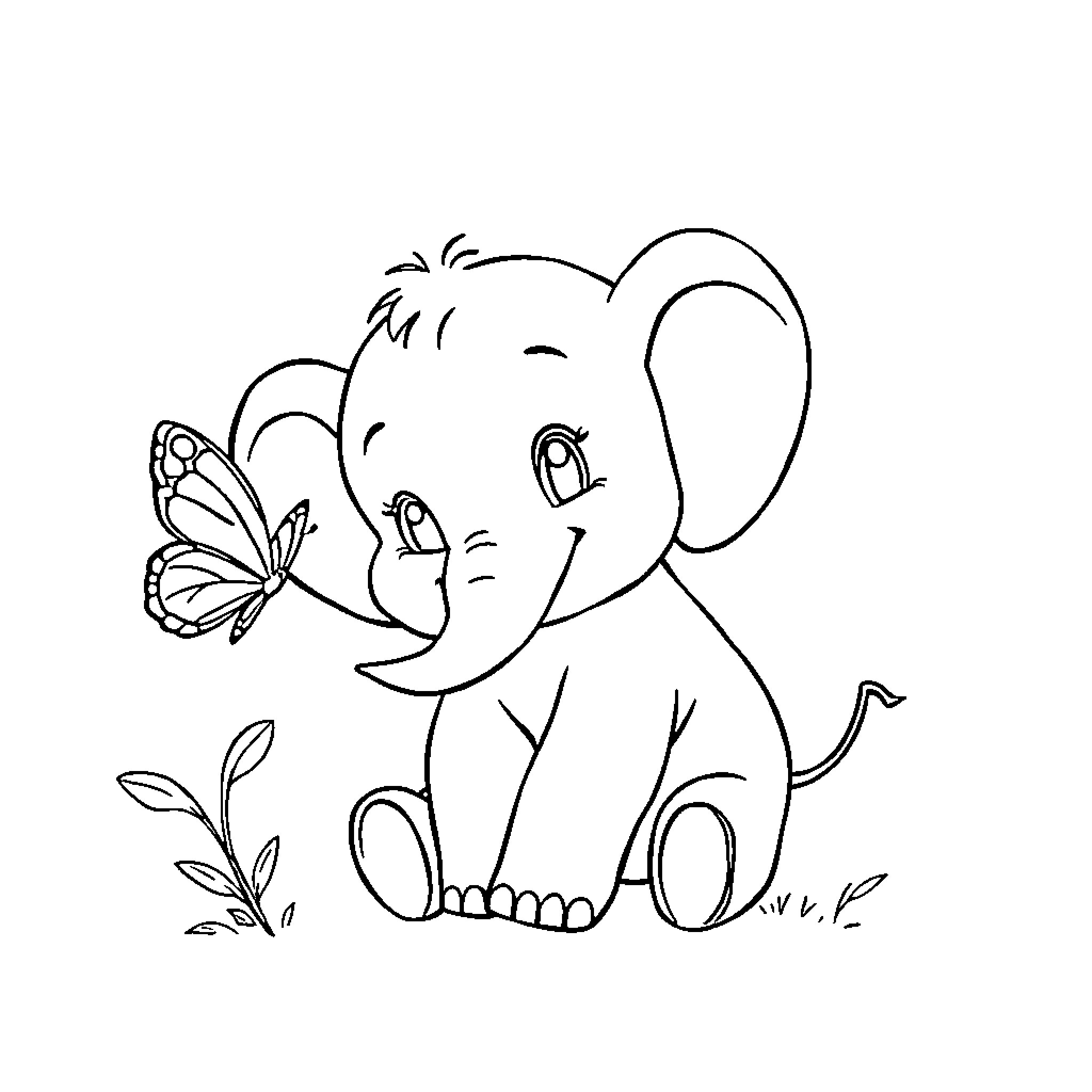 Elephant enjoying a butterfly encounter Coloring Page (free black-and-white line drawing printable PDF for all, from beginners to advanced learners, including children, teens, adults, and seniors)