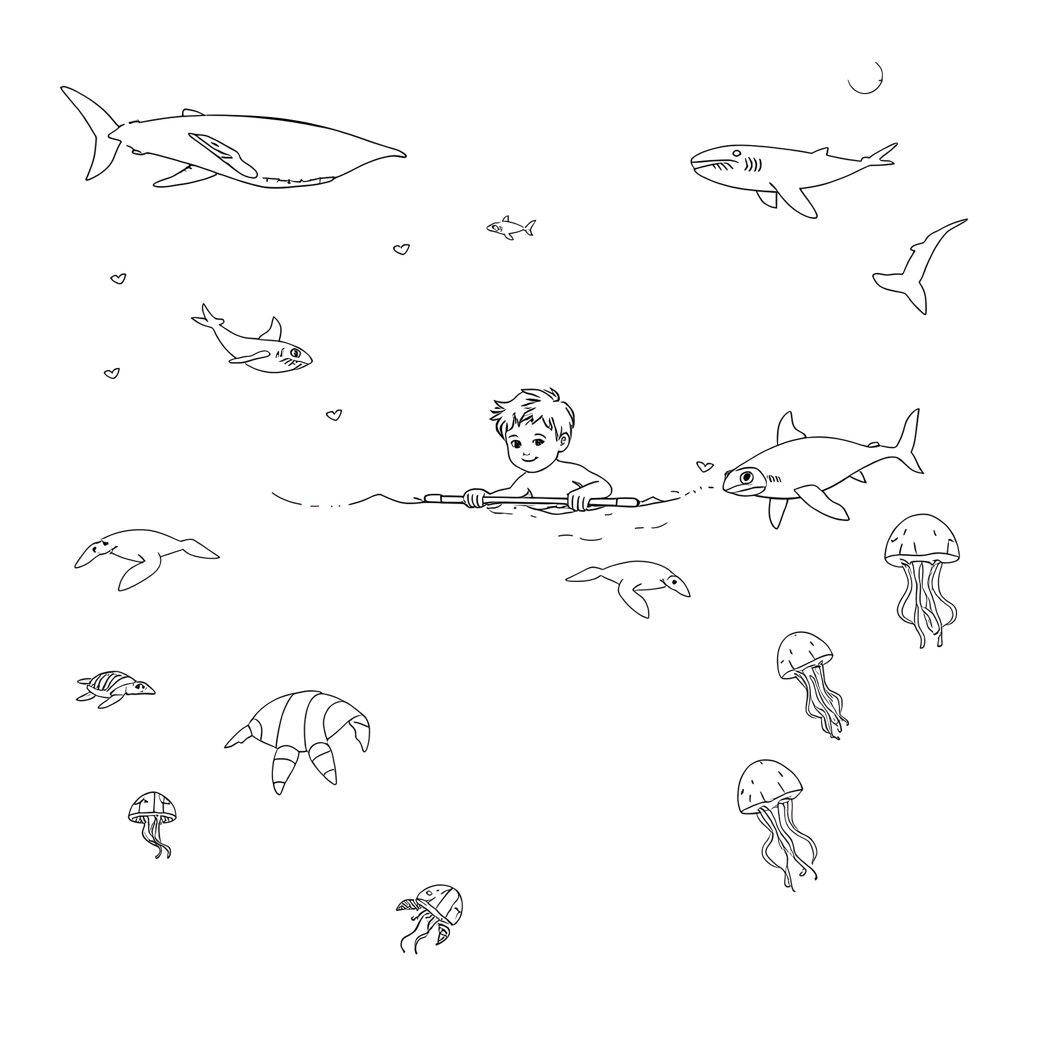 Kid exploring underwater sea creatures Coloring Page (free black-and-white line drawing printable PDF for all, from beginners to advanced learners, including children, teens, adults, and seniors)