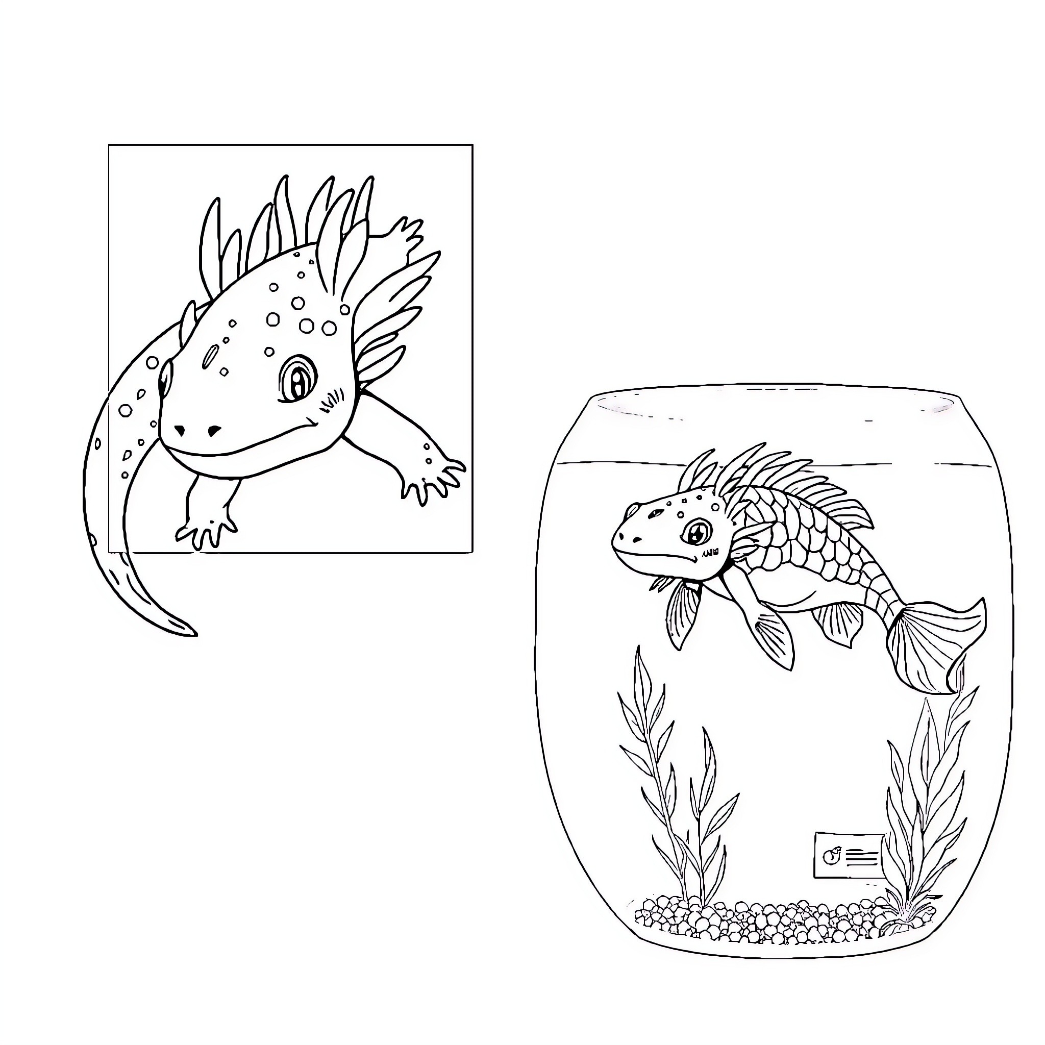 Axolotl in a fish bowl and on a coloring page Coloring Page (free black-and-white line drawing printable PDF for all, from beginners to advanced learners, including children, teens, adults, and seniors)