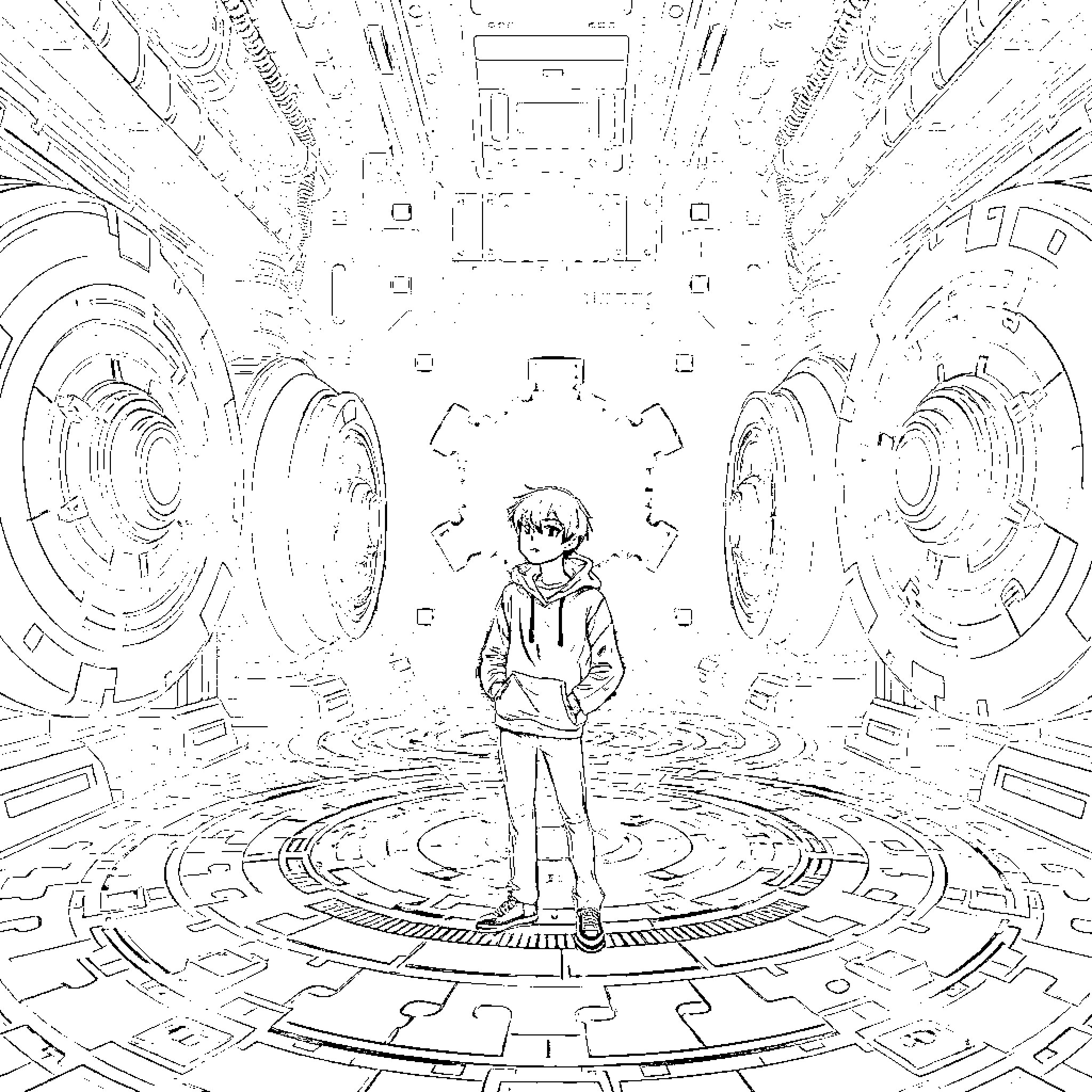 Linera Boy in futuristic sci-fi technology setting Coloring Page (free black-and-white line drawing printable PDF for all, from beginners to advanced learners, including children, teens, adults, and seniors)