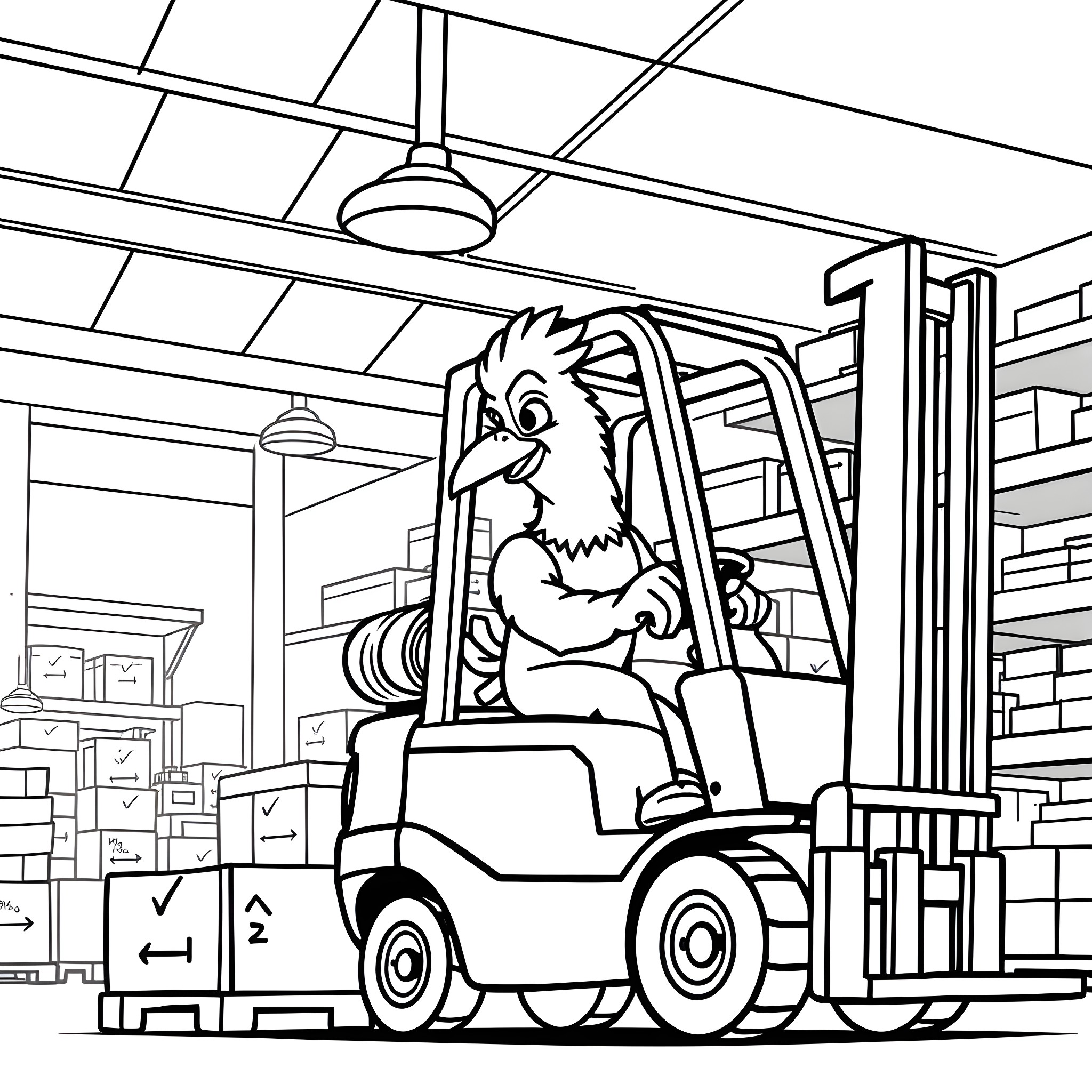 Griffin operating a forklift in a warehouse Coloring Page (free black-and-white line drawing printable PDF for all, from beginners to advanced learners, including children, teens, adults, and seniors)