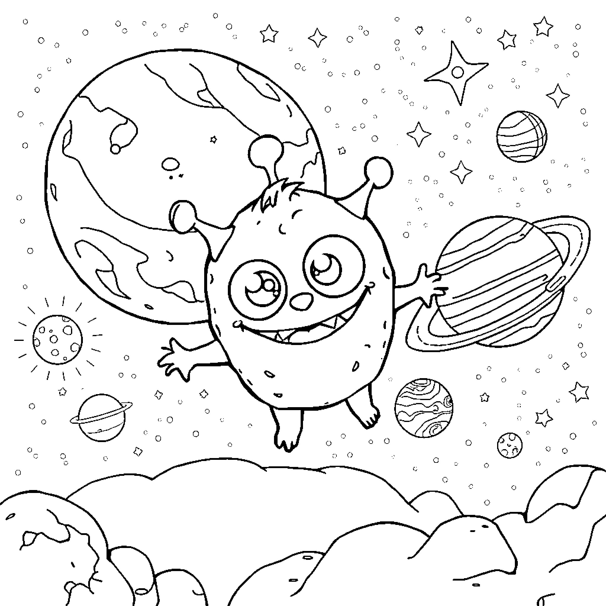 Monster Exploring the Cosmic Wonders Coloring Page (free black-and-white line drawing printable PDF for all, from beginners to advanced learners, including children, teens, adults, and seniors)