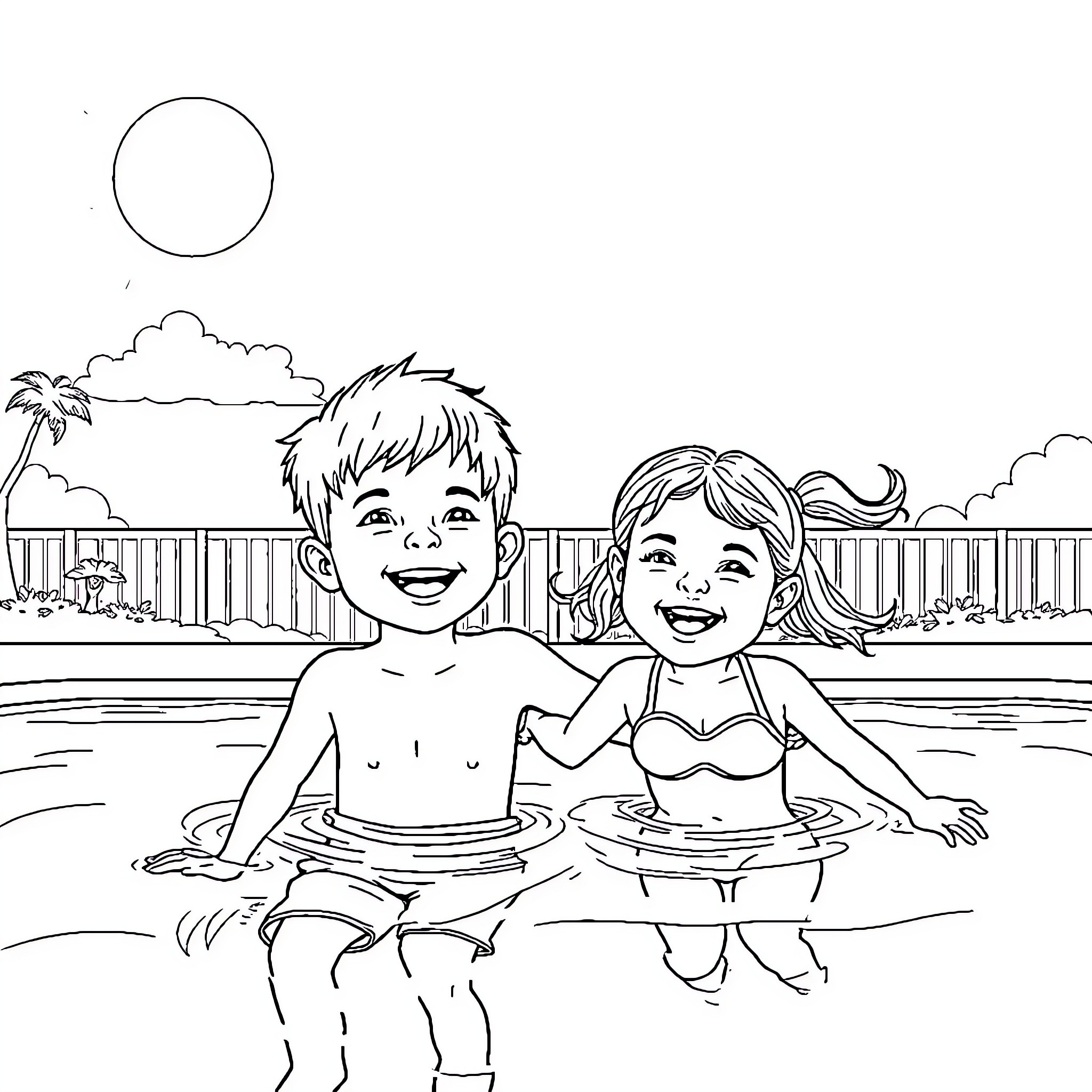 Kid playing joyfully in the pool with friend Coloring Page (free black-and-white line drawing printable PDF for all, from beginners to advanced learners, including children, teens, adults, and seniors)