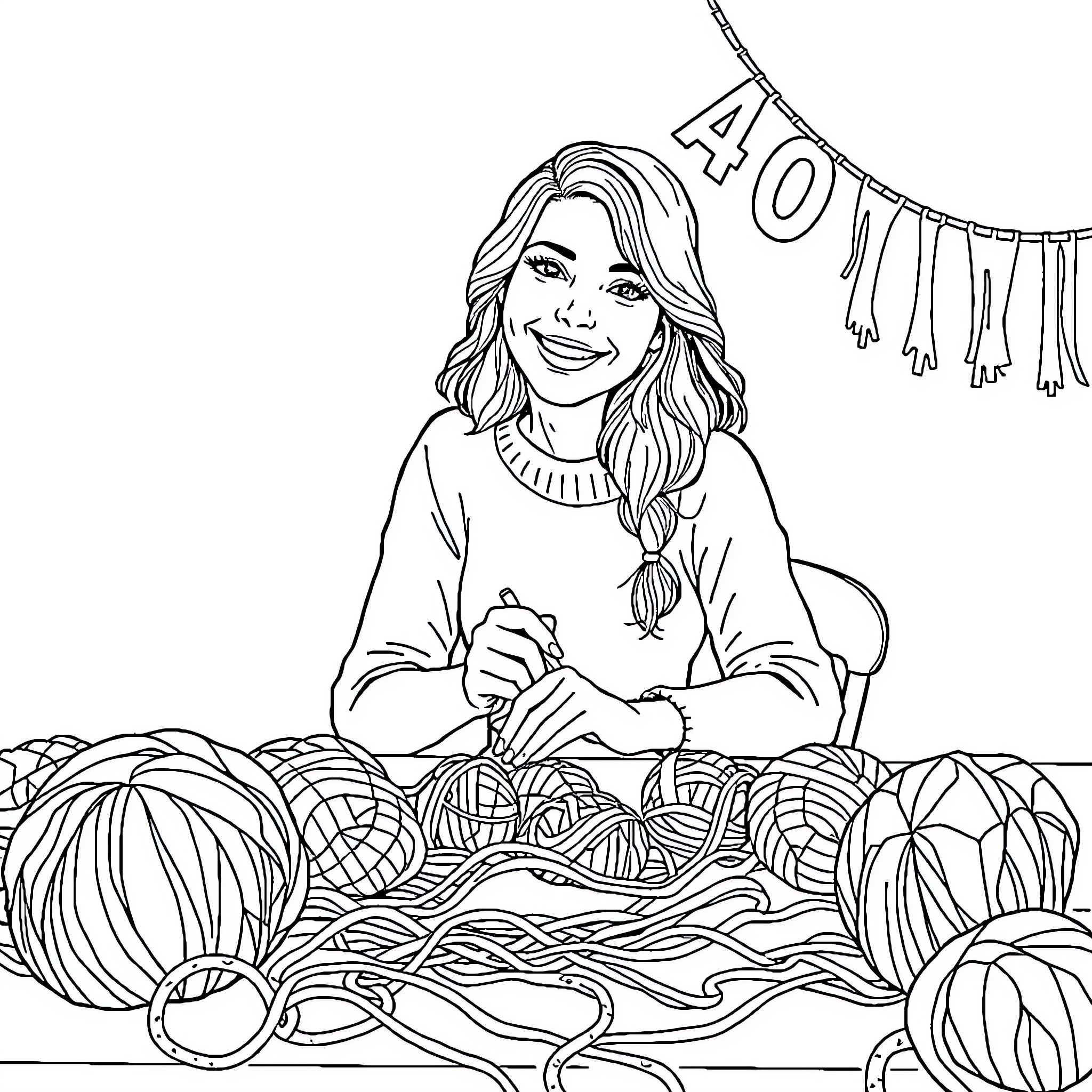 Birthday Girl Crafting Colorful Decorations Coloring Page (free black-and-white line drawing printable PDF for all, from beginners to advanced learners, including children, teens, adults, and seniors)