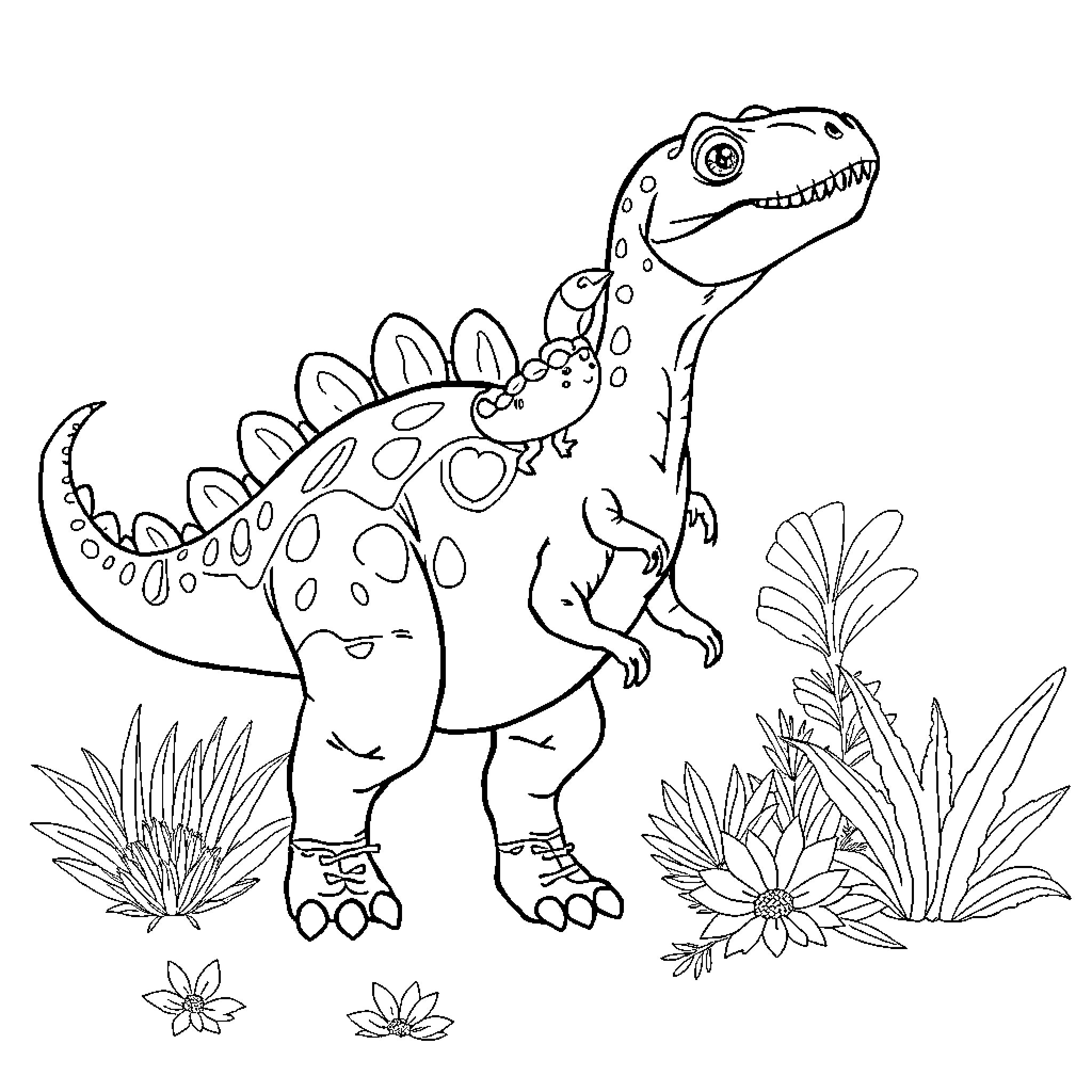 Fairy Dinosaur in Magical Garden Coloring Page (free black-and-white line drawing printable PDF for all, from beginners to advanced learners, including children, teens, adults, and seniors)