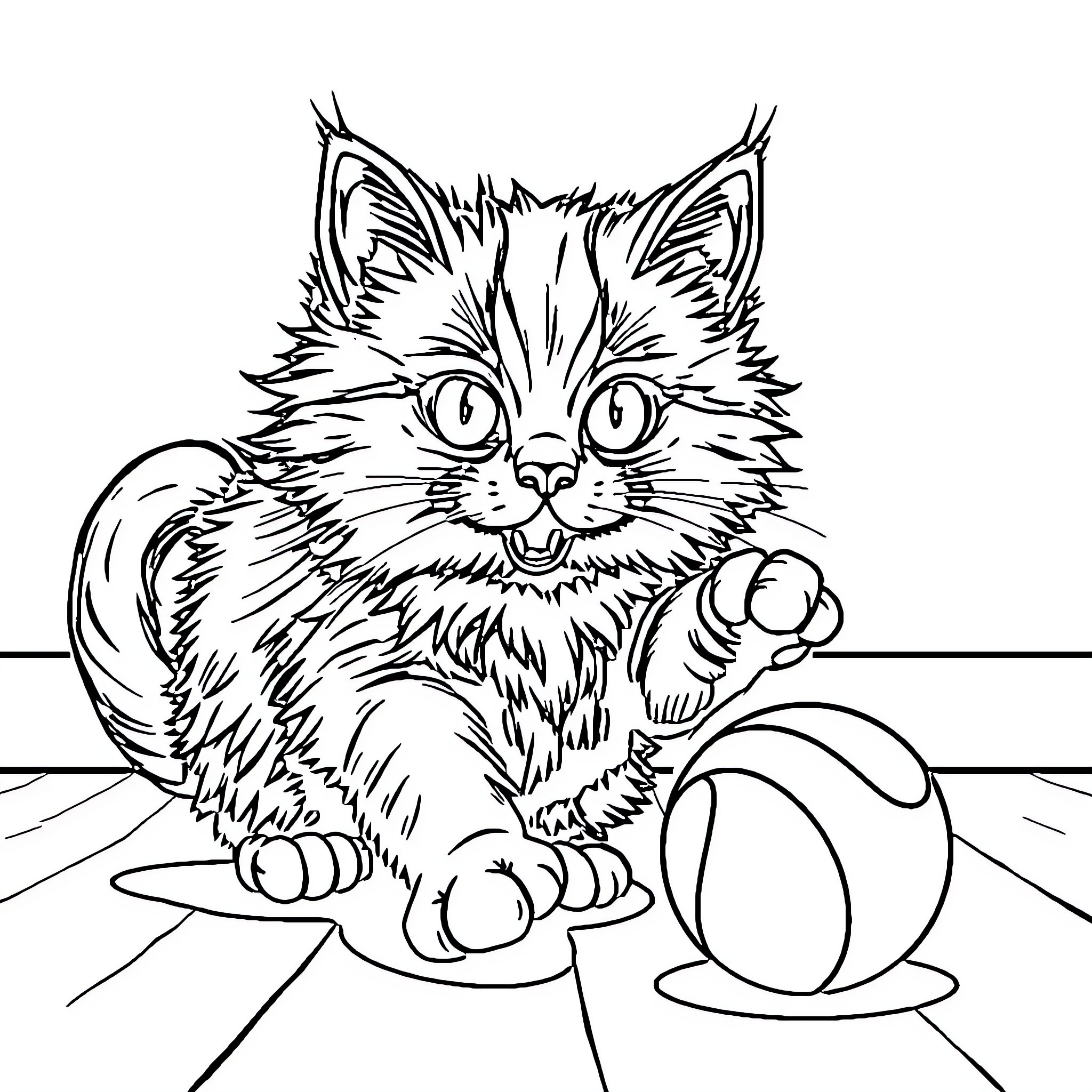 Cat playing with toys in a room Coloring Page (free black-and-white line drawing printable PDF for all, from beginners to advanced learners, including children, teens, adults, and seniors)