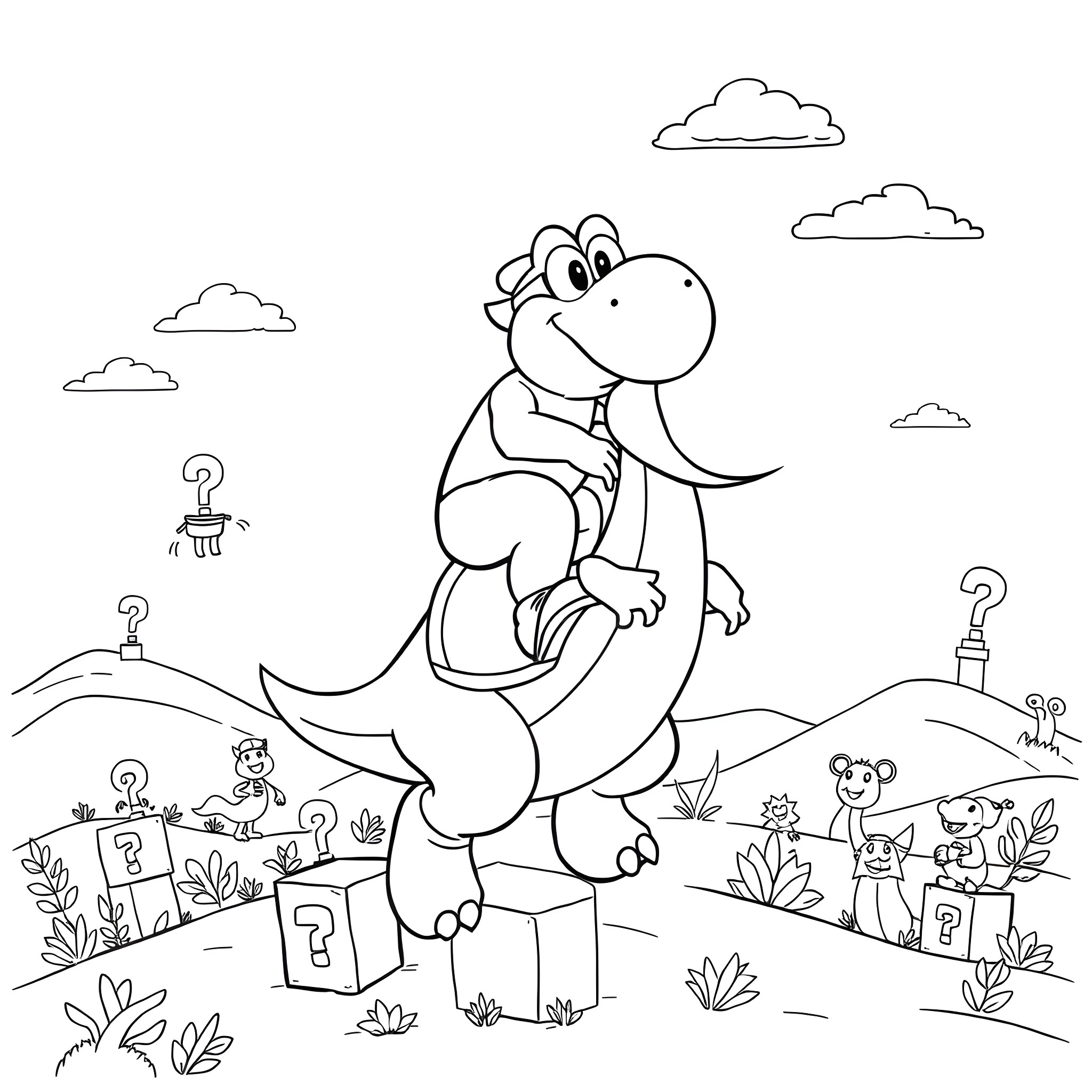 Fred Durst exploring the wondrous world of dinosaurs Coloring Page (free black-and-white line drawing printable PDF for all, from beginners to advanced learners, including children, teens, adults, and seniors)