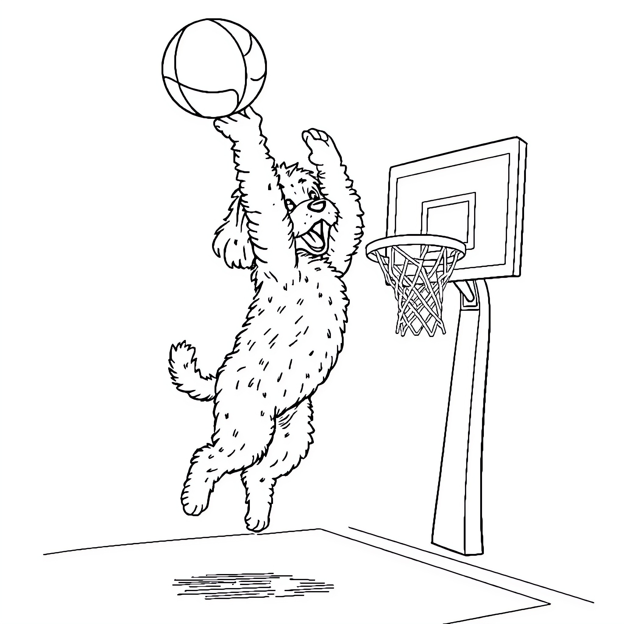 Doodle of furry creature playing basketball Coloring Page (free black-and-white line drawing printable PDF for all, from beginners to advanced learners, including children, teens, adults, and seniors)