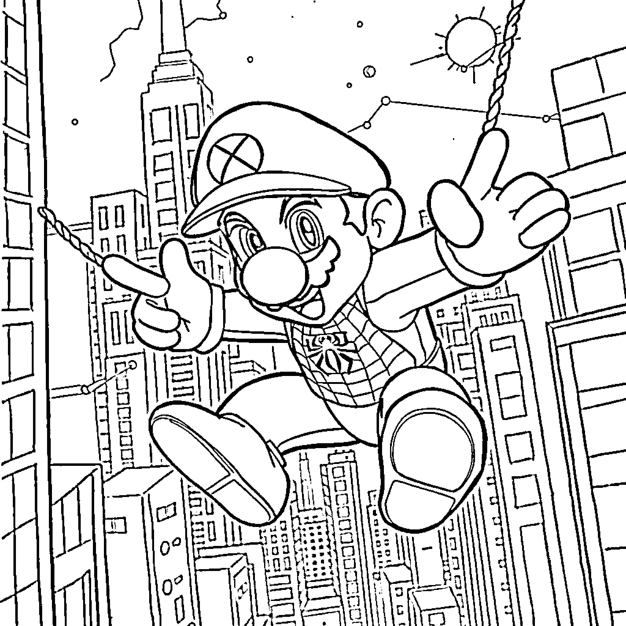 Mario's Exciting City Adventure Coloring Page (free black-and-white line drawing printable PDF for all, from beginners to advanced learners, including children, teens, adults, and seniors)