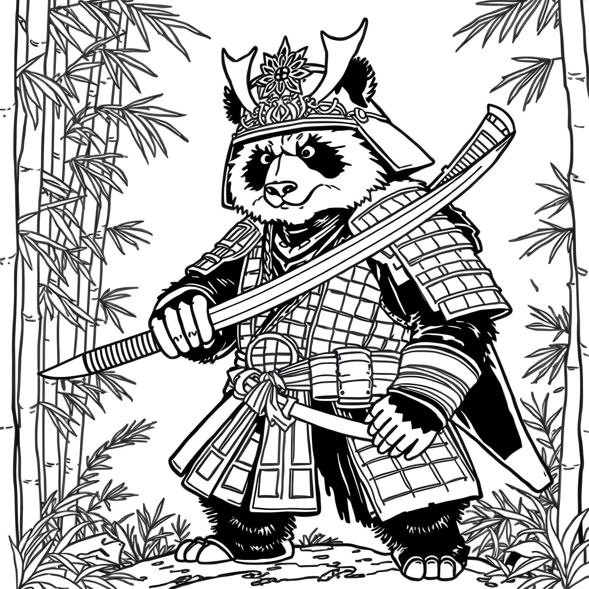 Samurai Panda wielding sword in bamboo forest Coloring Page (free black-and-white line drawing printable PDF for all, from beginners to advanced learners, including children, teens, adults, and seniors)
