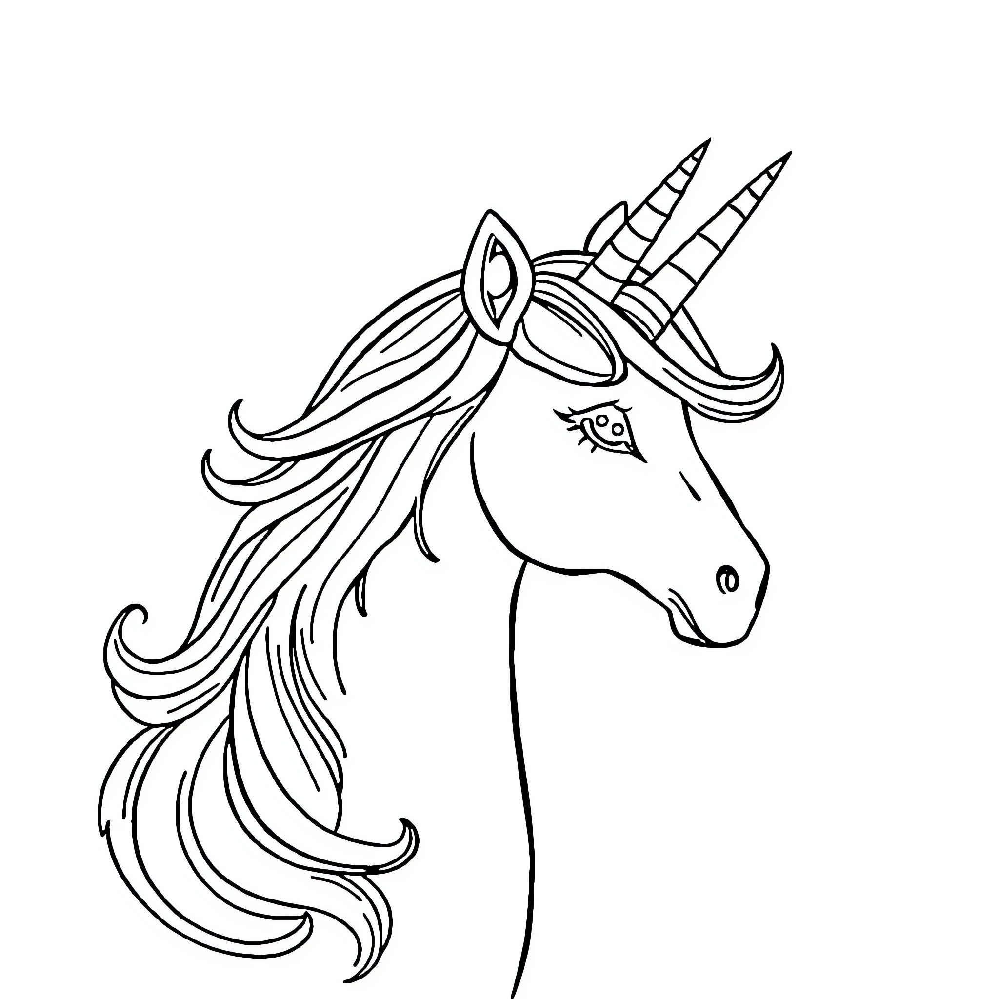 Unicorn with magical horns and flowing mane Coloring Page (free black-and-white line drawing printable PDF for all, from beginners to advanced learners, including children, teens, adults, and seniors)