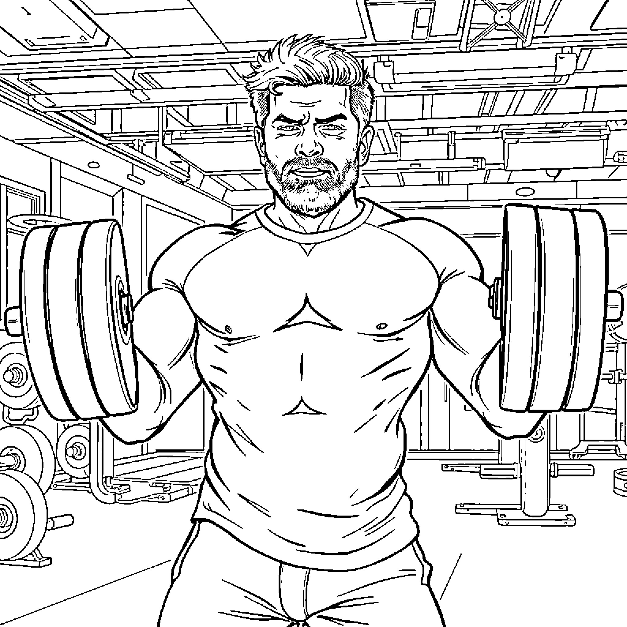 Nick Saban Lifting Weights in a Gym Setting Coloring Page (free black-and-white line drawing printable PDF for all, from beginners to advanced learners, including children, teens, adults, and seniors)