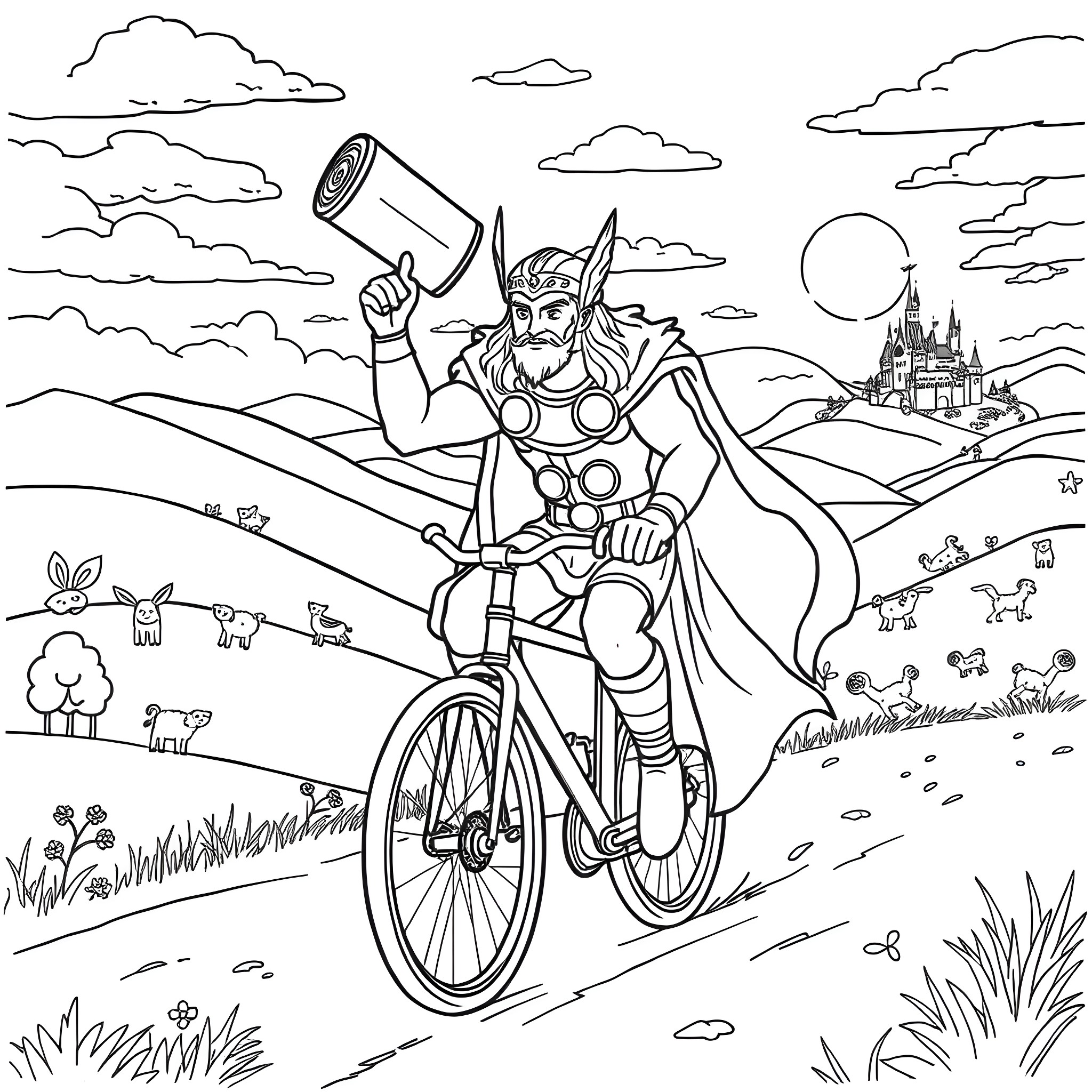 Thor's Adventure on Bicycle through Idyllic Landscape Coloring Page (free black-and-white line drawing printable PDF for all, from beginners to advanced learners, including children, teens, adults, and seniors)