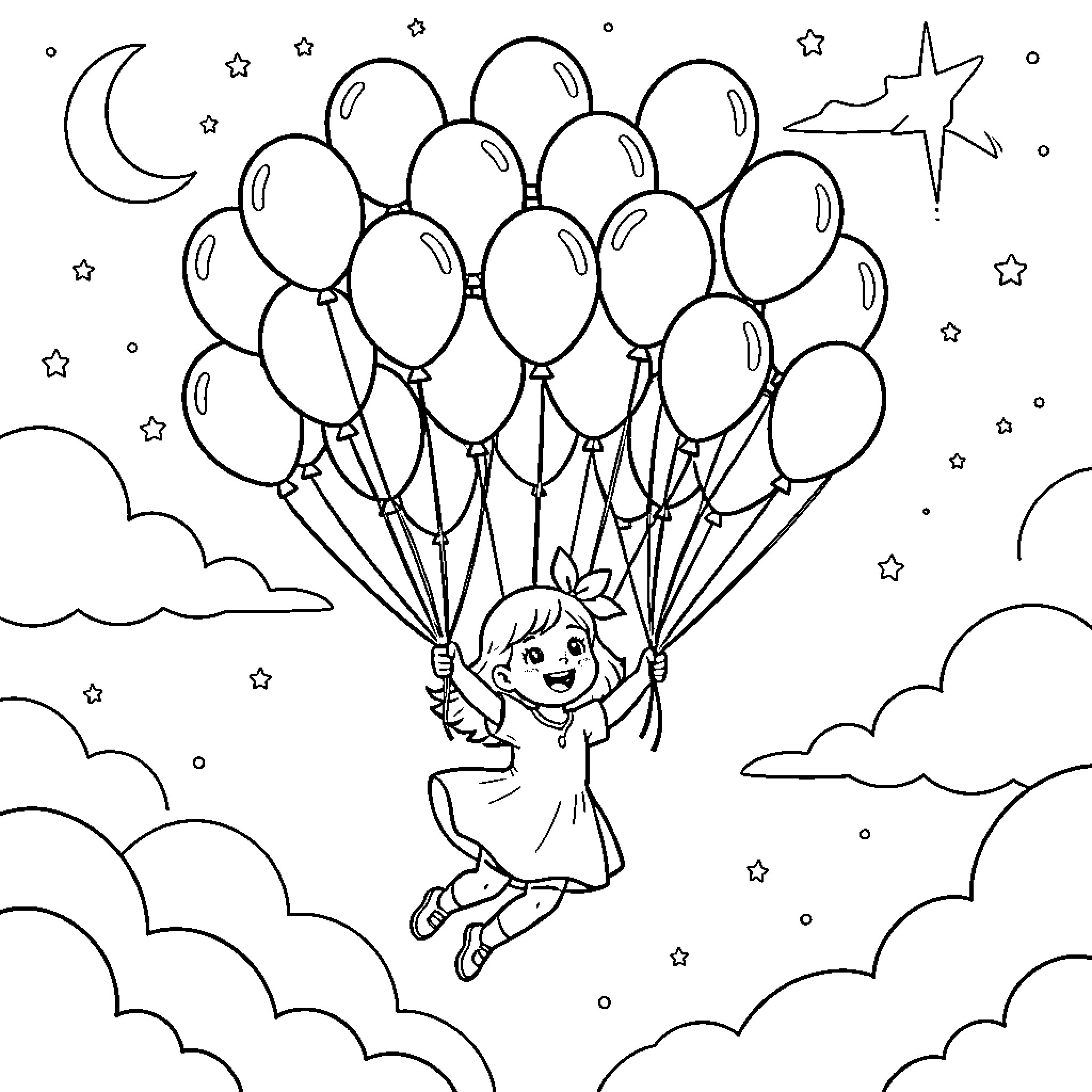 Nina's Joyful Balloon Adventure in the Starry Night Coloring Page (free black-and-white line drawing printable PDF for all, from beginners to advanced learners, including children, teens, adults, and seniors)