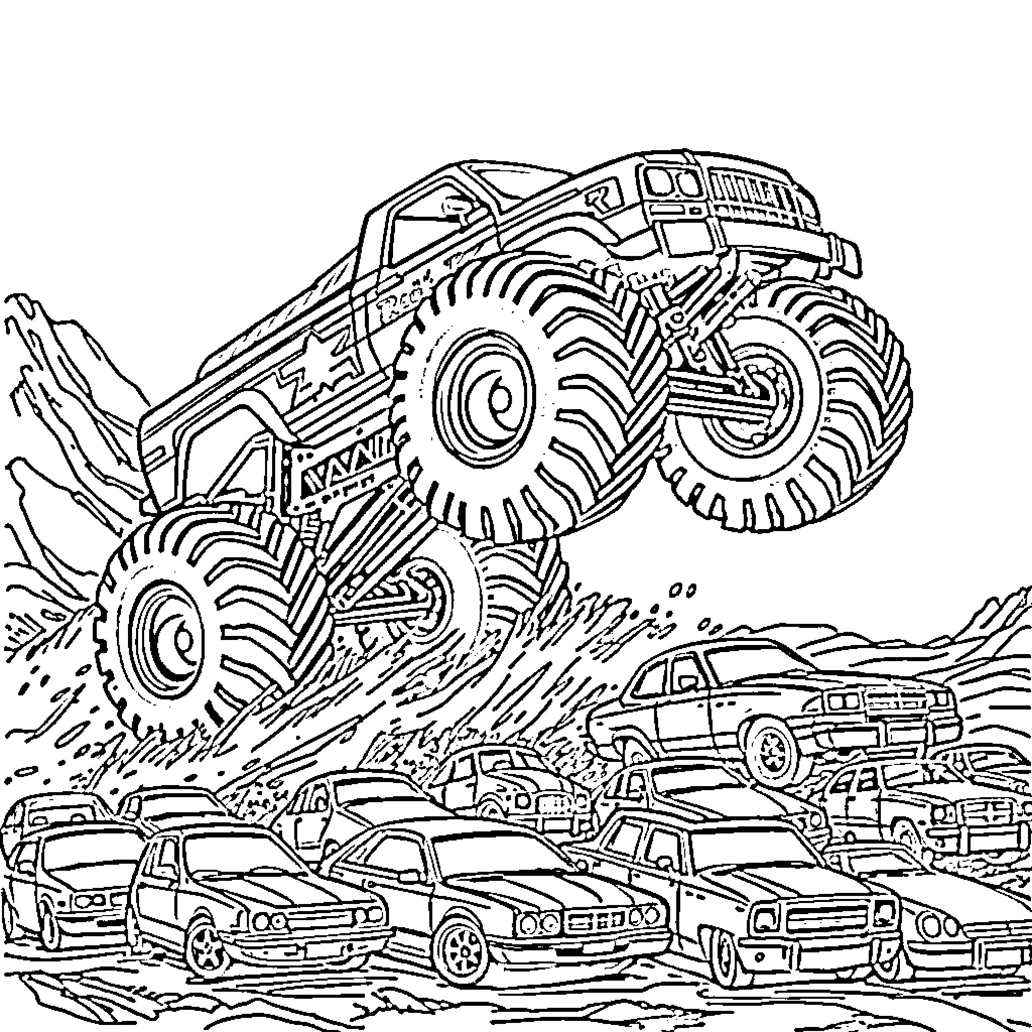 Monster Truck Crushing Cars in an Action-Packed Scene Coloring Page (free black-and-white line drawing printable PDF for all, from beginners to advanced learners, including children, teens, adults, and seniors)