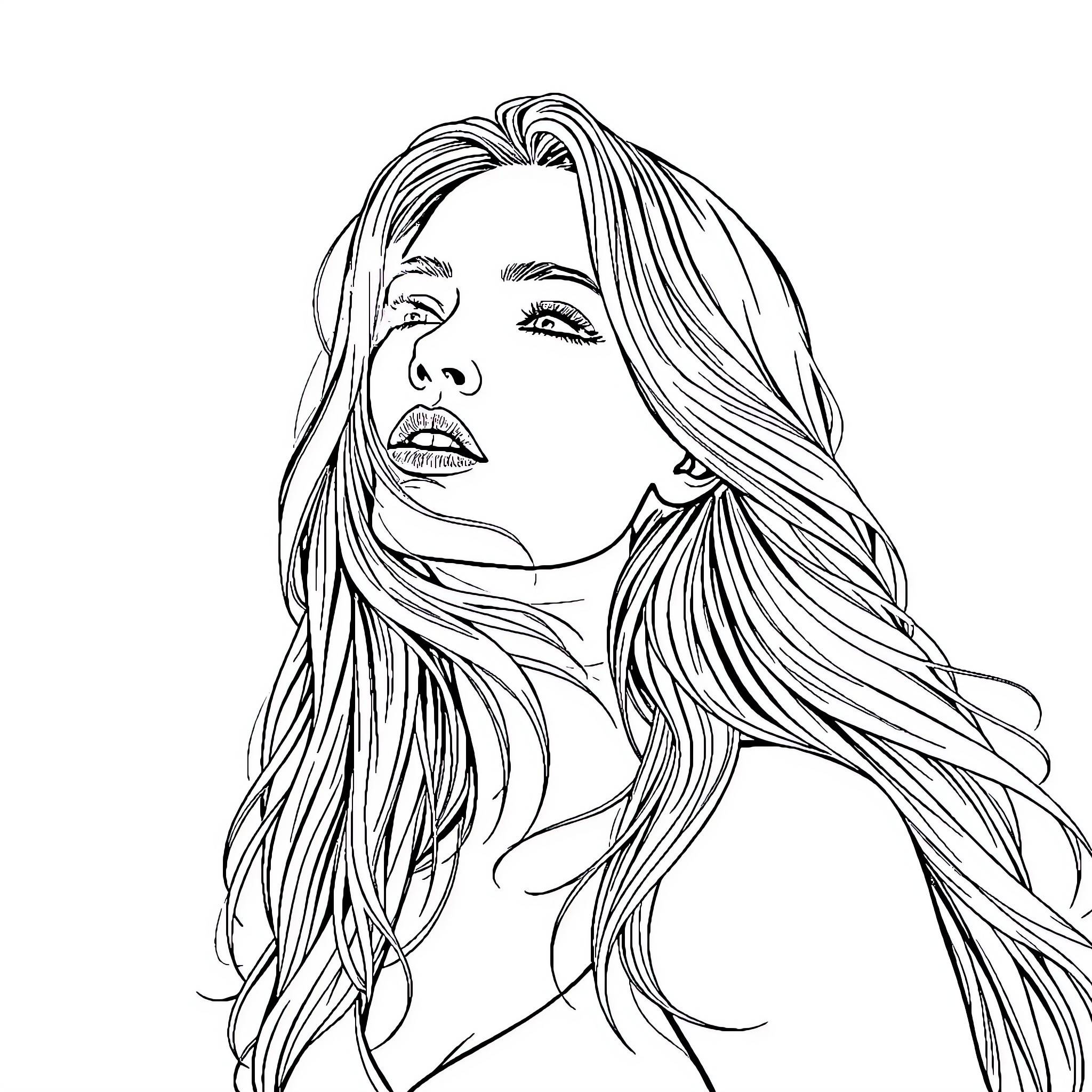 Woman with flowing hair and pensive expression Coloring Page (free black-and-white line drawing printable PDF for all, from beginners to advanced learners, including children, teens, adults, and seniors)