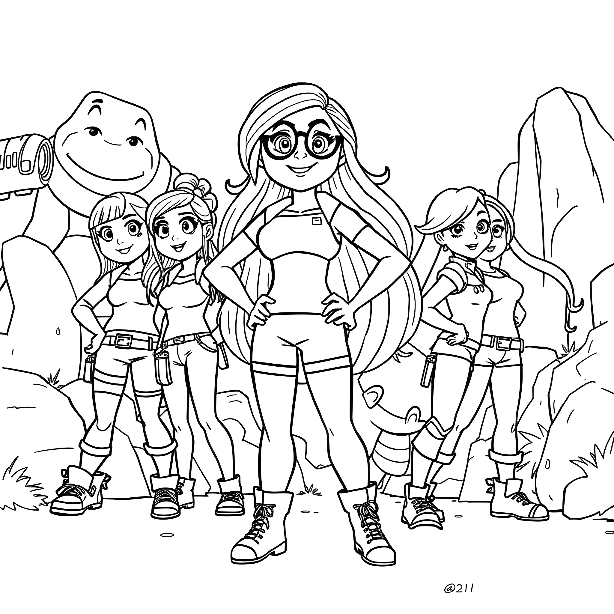 Kim Possible and her friends on an adventure Coloring Page (free black-and-white line drawing printable PDF for all, from beginners to advanced learners, including children, teens, adults, and seniors)