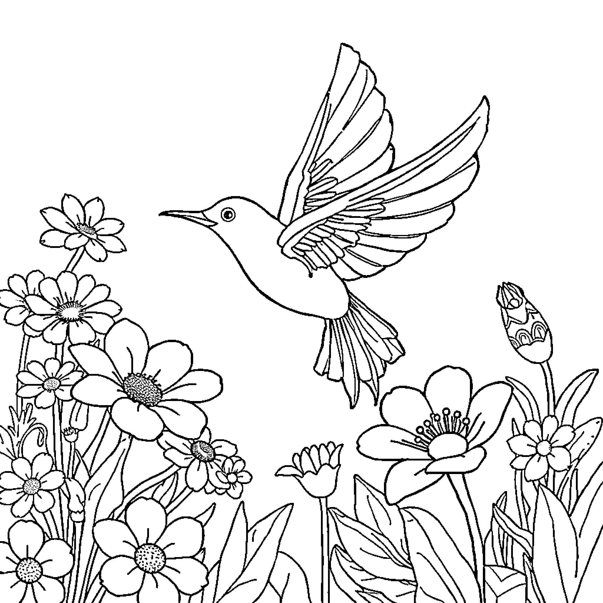 Hada Hummingbird among Blooming Flowers Coloring Page (free black-and-white line drawing printable PDF for all, from beginners to advanced learners, including children, teens, adults, and seniors)