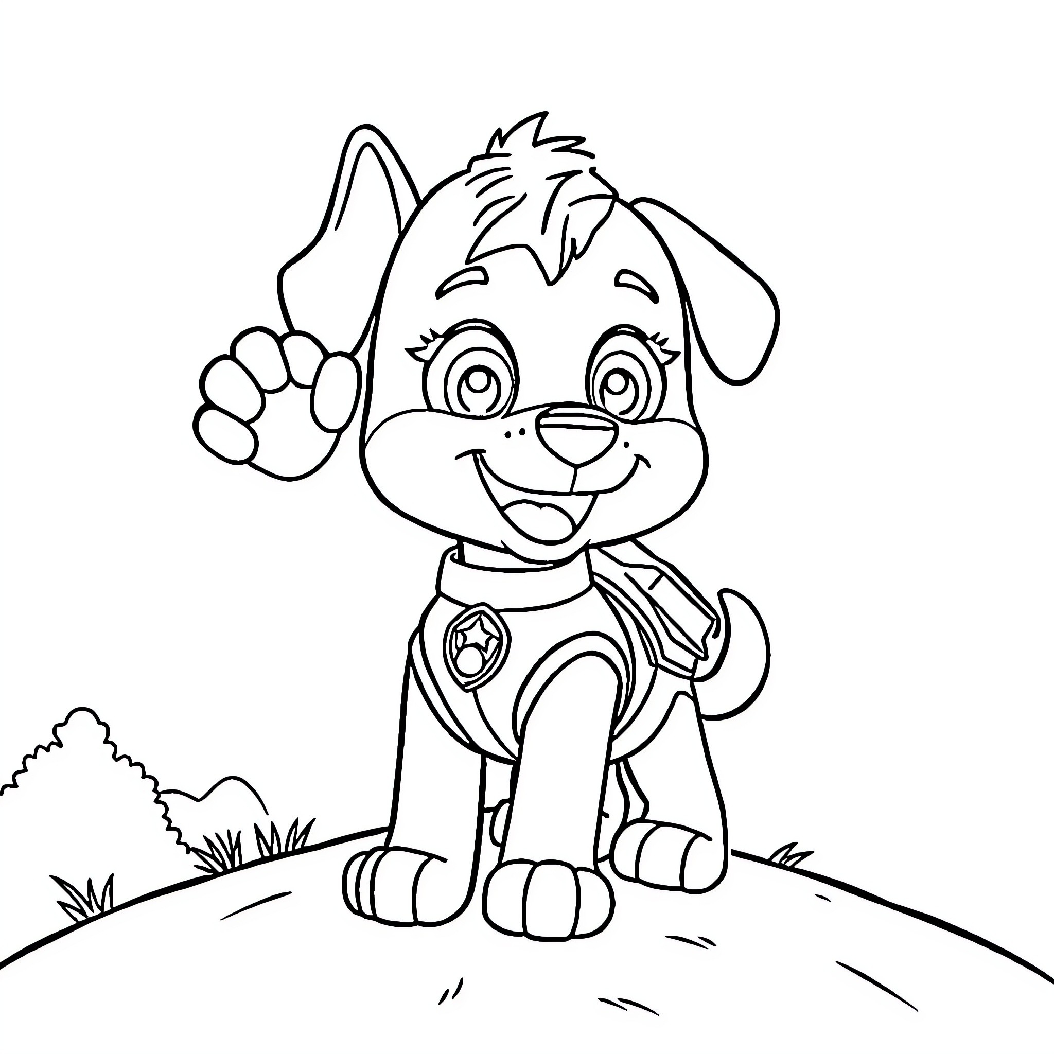 Skye the pup exploring the outdoors Coloring Page (free black-and-white line drawing printable PDF for all, from beginners to advanced learners, including children, teens, adults, and seniors)