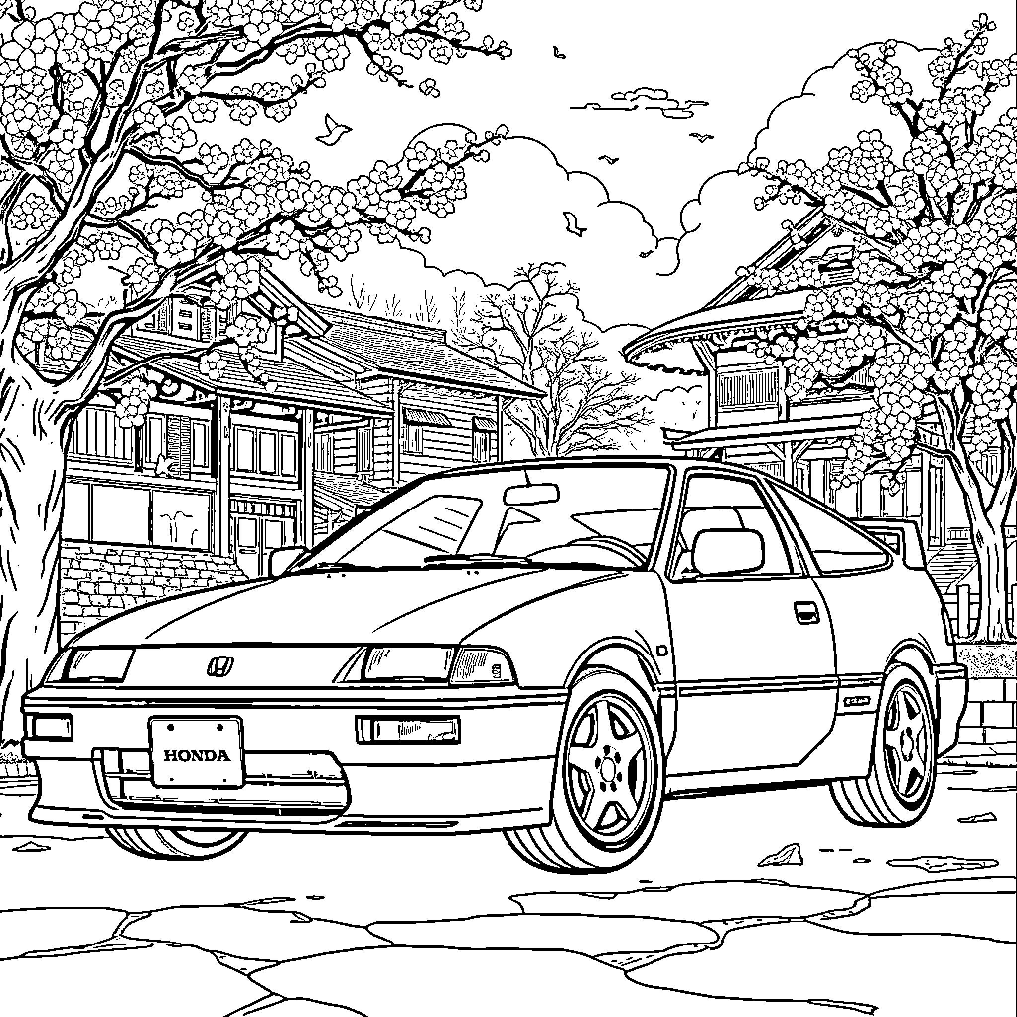 Honda sports car in scenic Japanese countryside Coloring Page (free black-and-white line drawing printable PDF for all, from beginners to advanced learners, including children, teens, adults, and seniors)