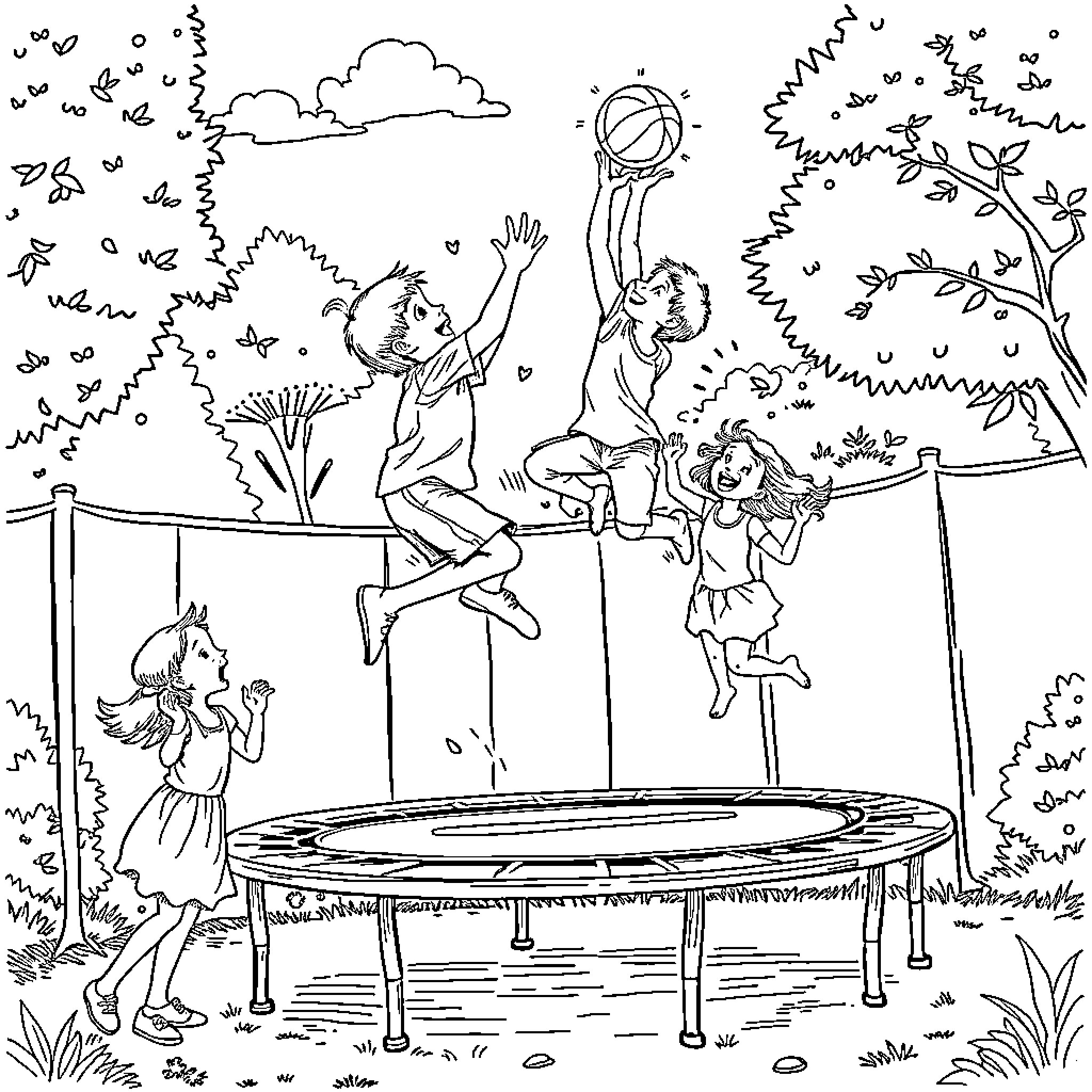 Brothers playing joyfully in the park Coloring Page (free black-and-white line drawing printable PDF for all, from beginners to advanced learners, including children, teens, adults, and seniors)