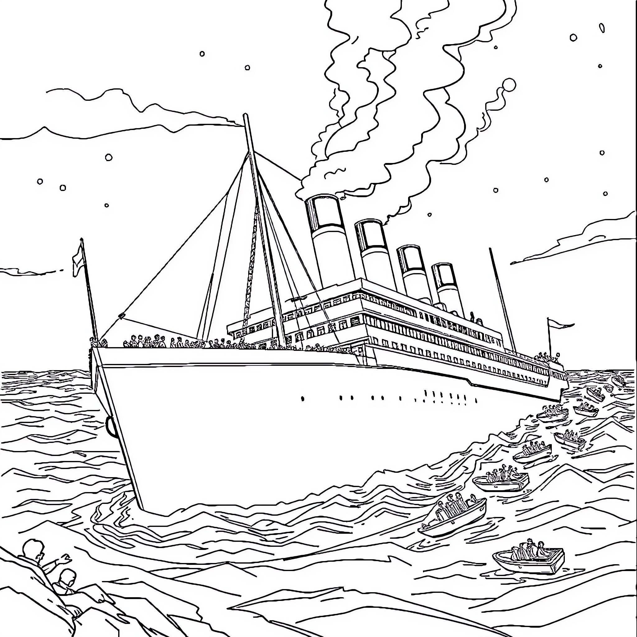 Titanic Sinking in Stormy Seas Coloring Page (free black-and-white line drawing printable PDF for all, from beginners to advanced learners, including children, teens, adults, and seniors)