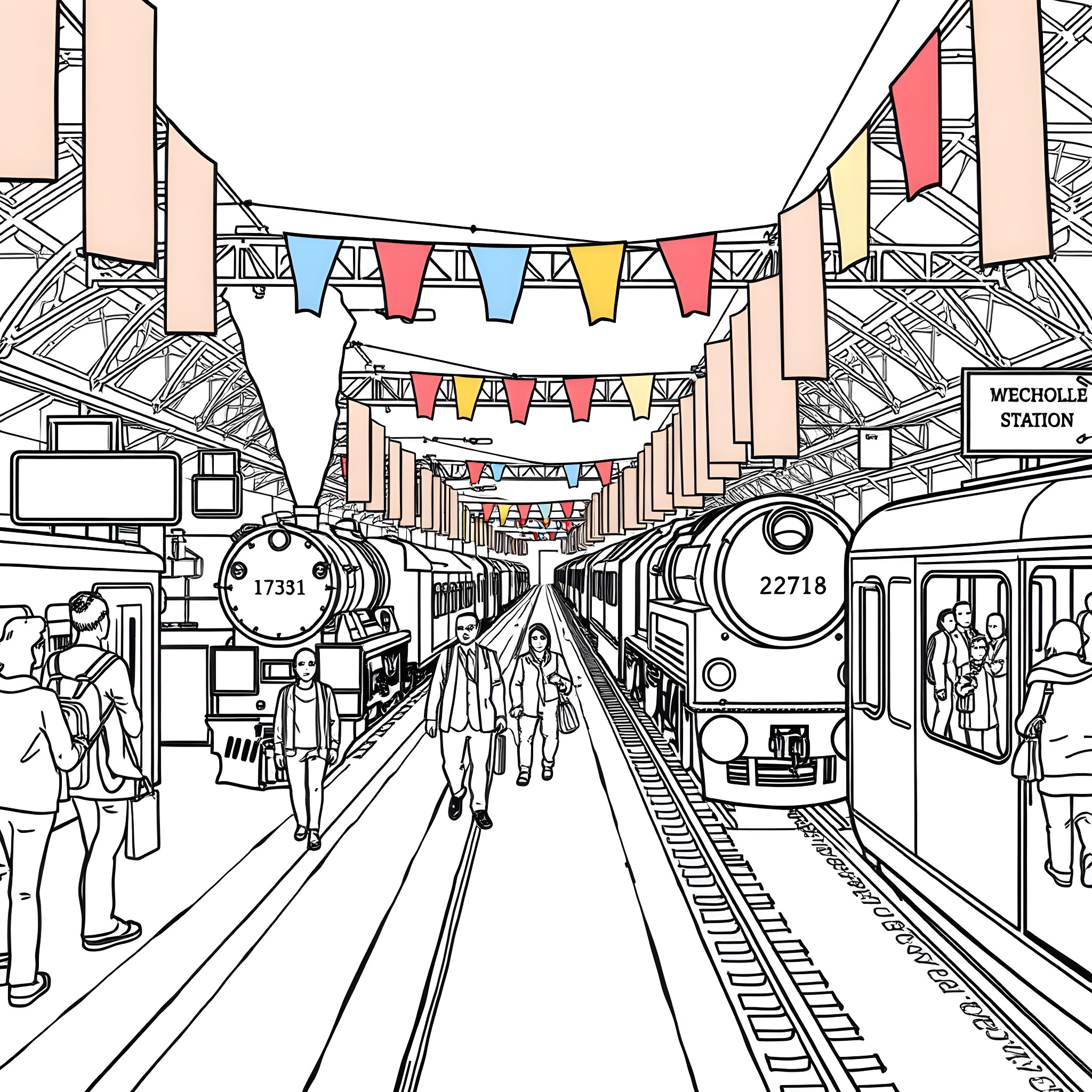 Train station with colorful flags and people Coloring Page (free black-and-white line drawing printable PDF for all, from beginners to advanced learners, including children, teens, adults, and seniors)