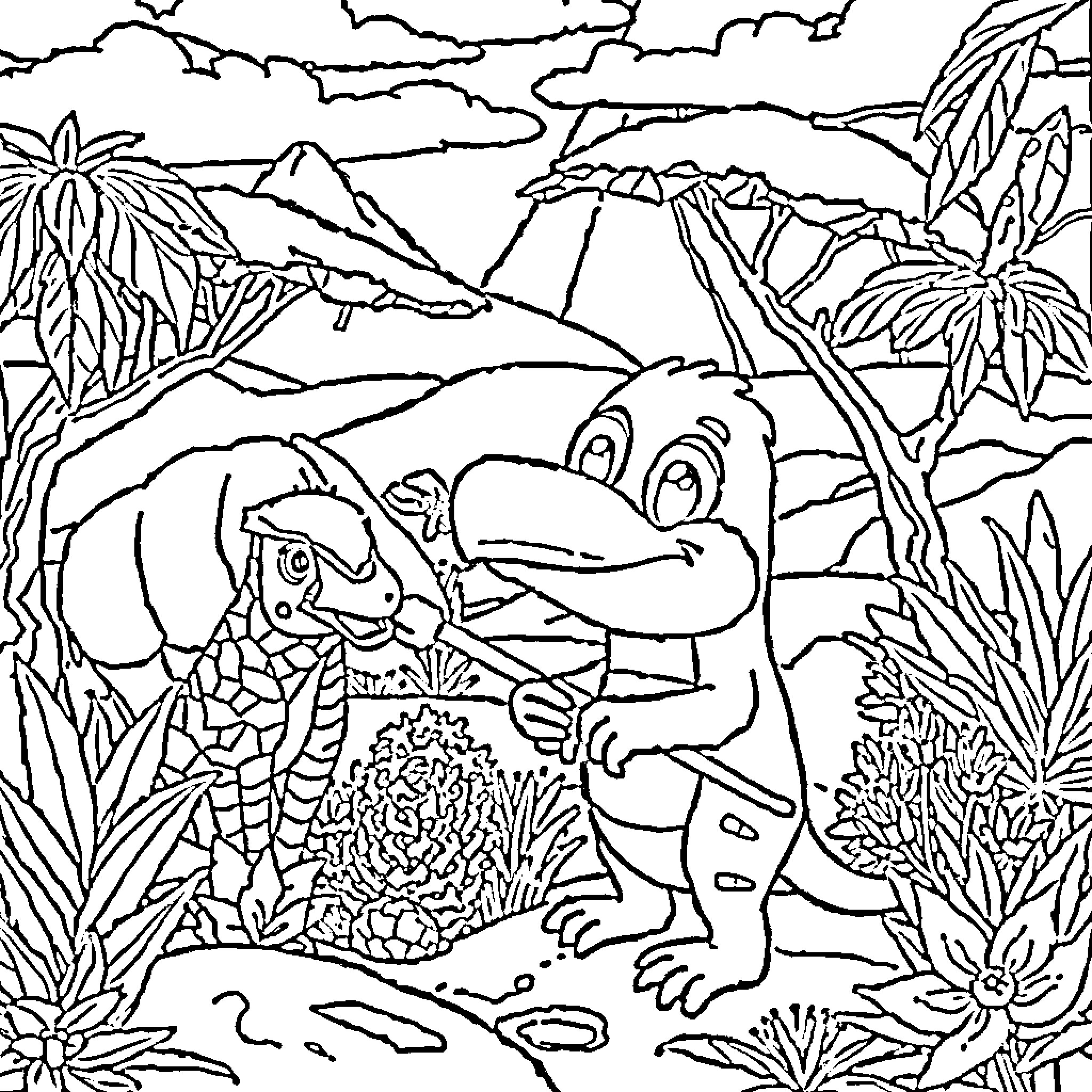 Spongebob and Friends in Tropical Jungle Adventure Coloring Page (free black-and-white line drawing printable PDF for all, from beginners to advanced learners, including children, teens, adults, and seniors)