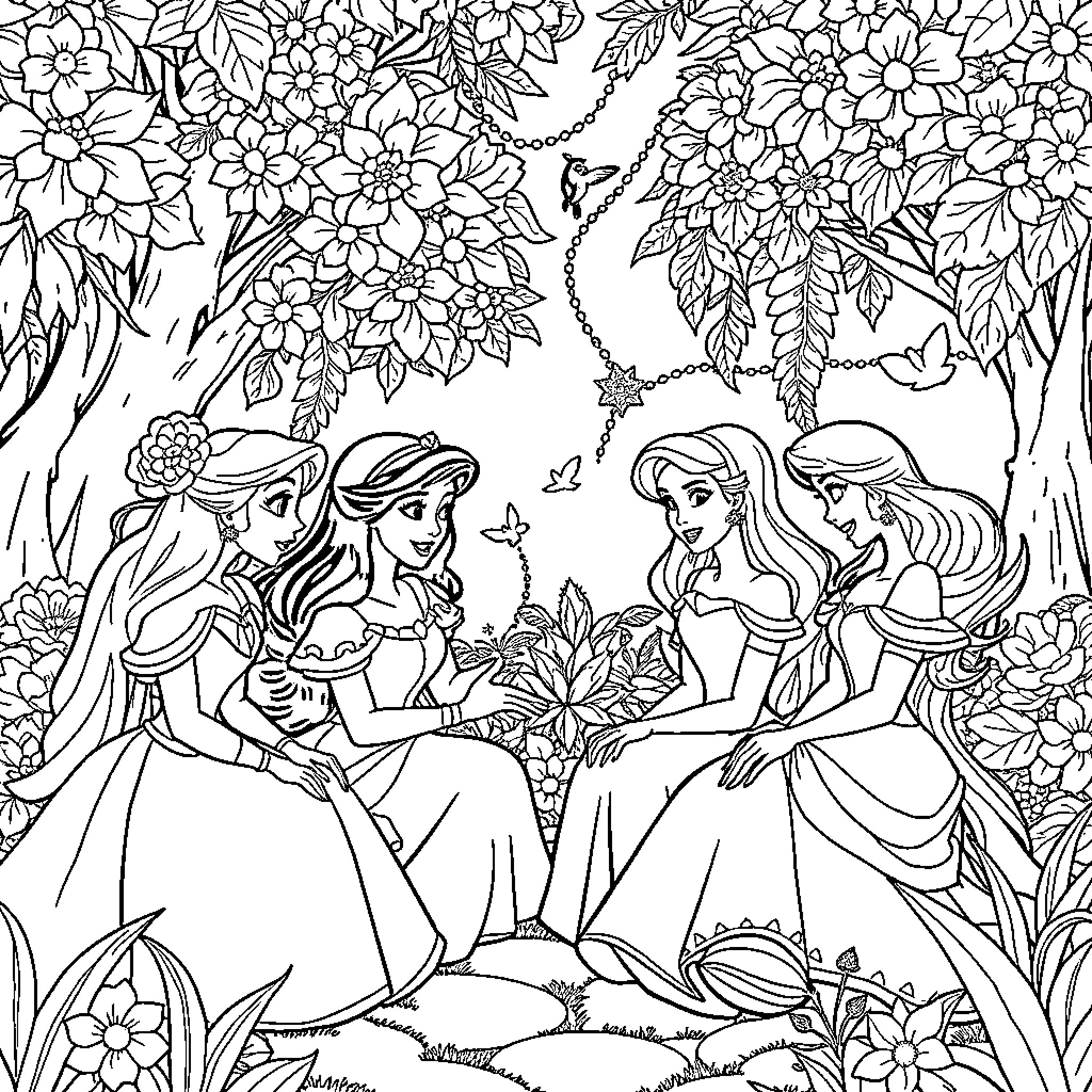 Disney Princess Enchanted Garden Tea Party Coloring Page (free black-and-white line drawing printable PDF for all, from beginners to advanced learners, including children, teens, adults, and seniors)
