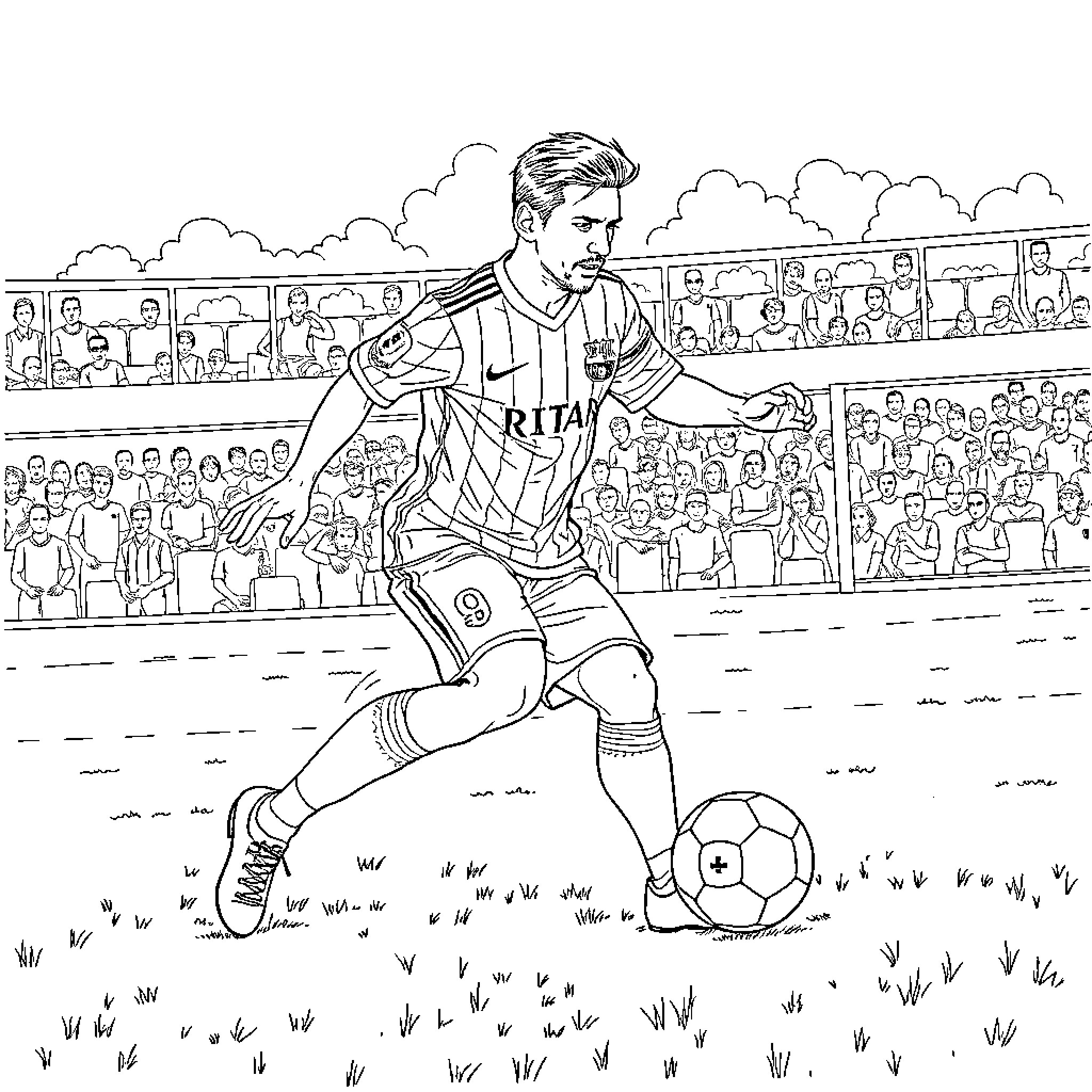 Messi dribbling in a soccer match Coloring Page (free black-and-white line drawing printable PDF for all, from beginners to advanced learners, including children, teens, adults, and seniors)