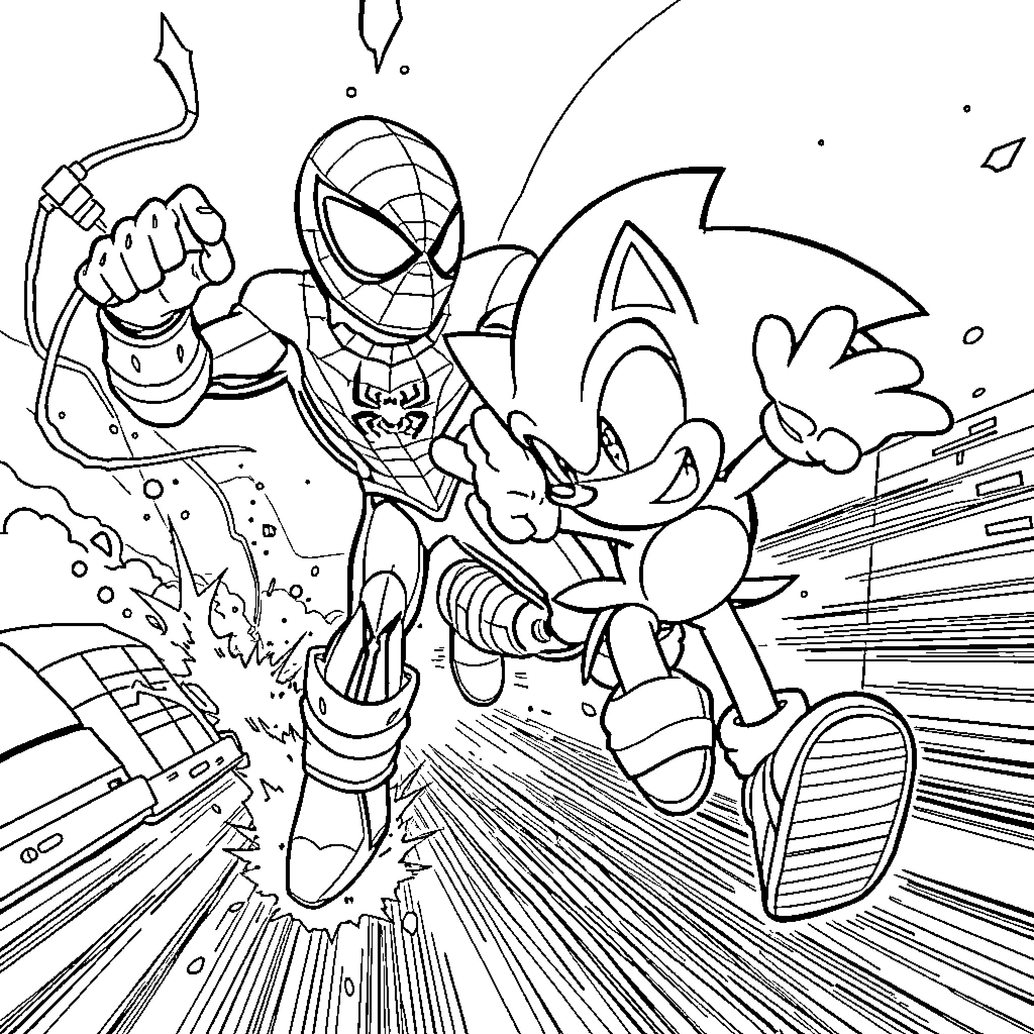 Sonic fighting alongside Spider-Man in a high-speed action scene Coloring Page (free black-and-white line drawing printable PDF for all, from beginners to advanced learners, including children, teens, adults, and seniors)