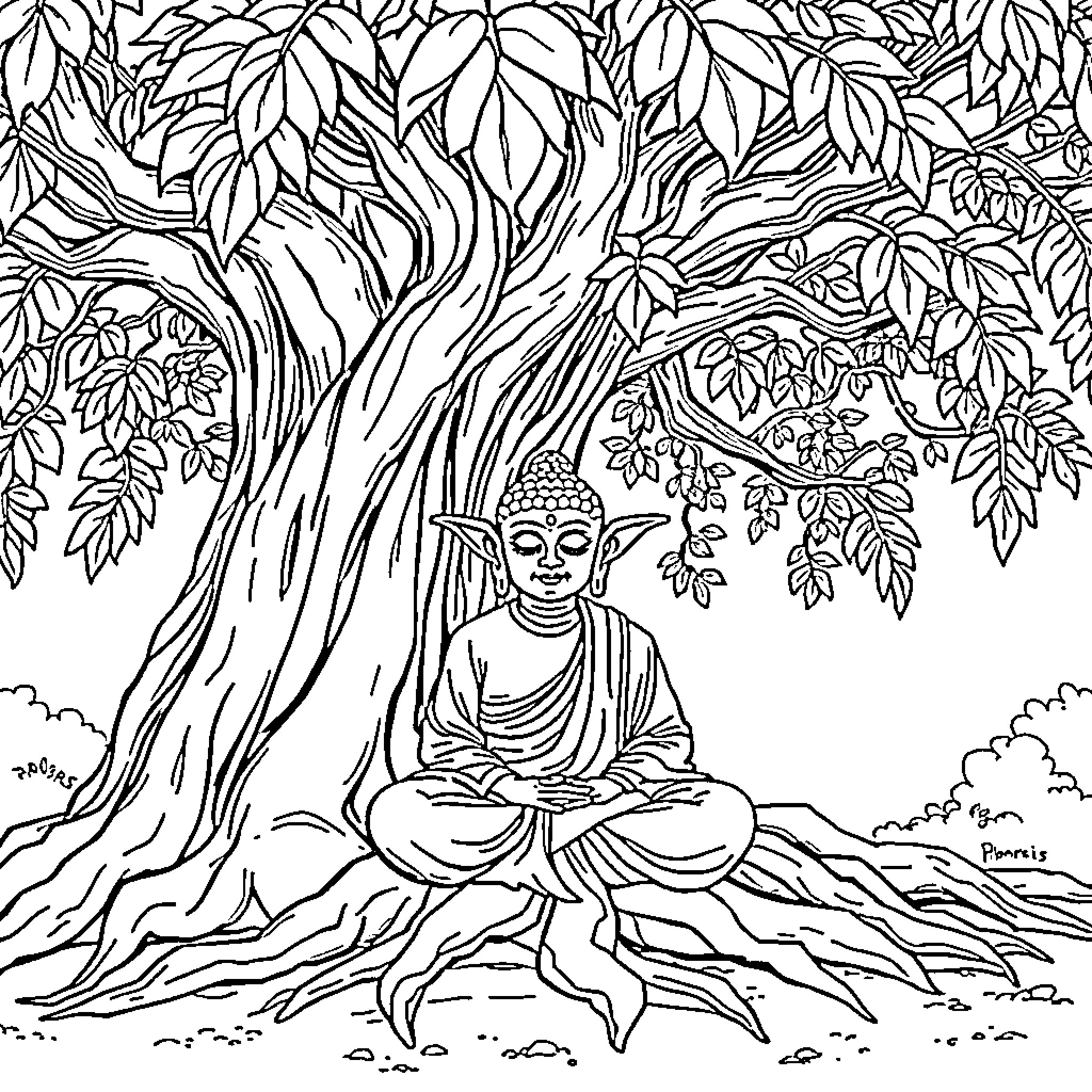 Yoda meditating under the lush tree Coloring Page (free black-and-white line drawing printable PDF for all, from beginners to advanced learners, including children, teens, adults, and seniors)