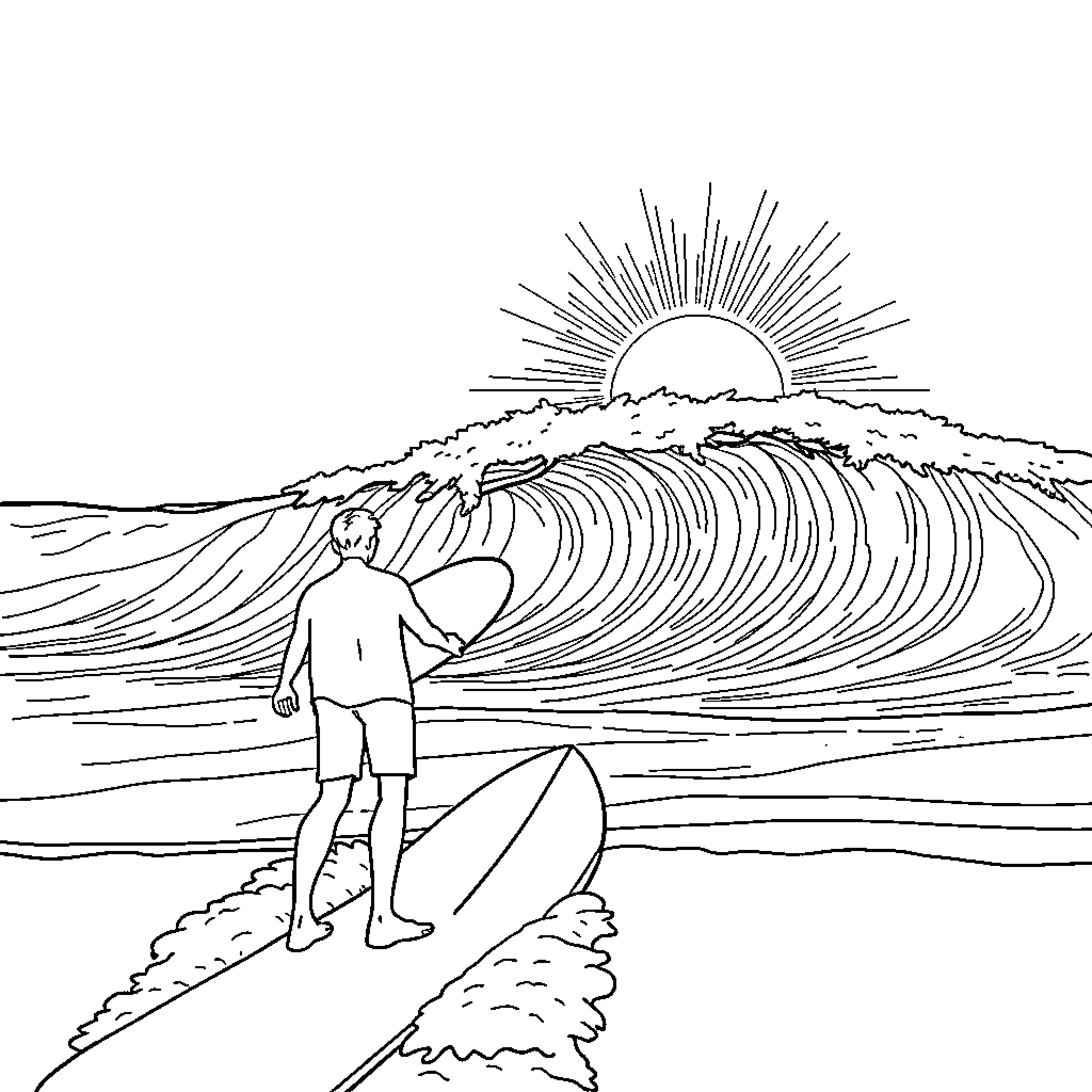 Surfer admiring the scenic ocean waves and sunset Coloring Page (free black-and-white line drawing printable PDF for all, from beginners to advanced learners, including children, teens, adults, and seniors)