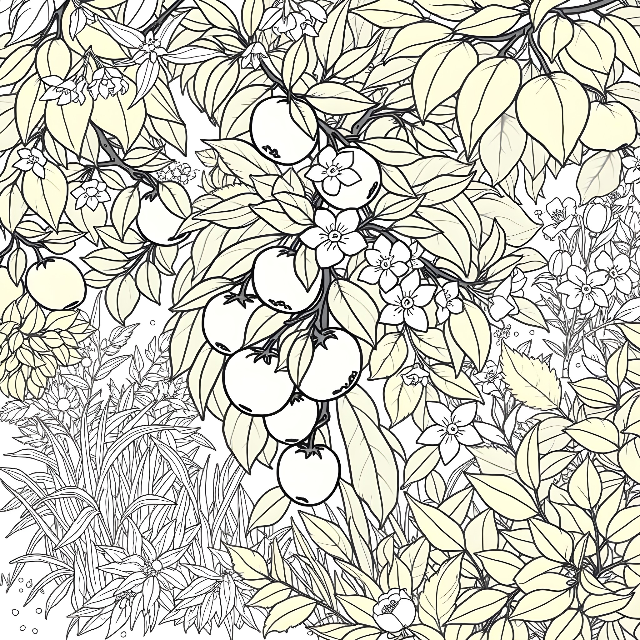 Nectarine Blooming Garden Delight Coloring Page (free black-and-white line drawing printable PDF for all, from beginners to advanced learners, including children, teens, adults, and seniors)